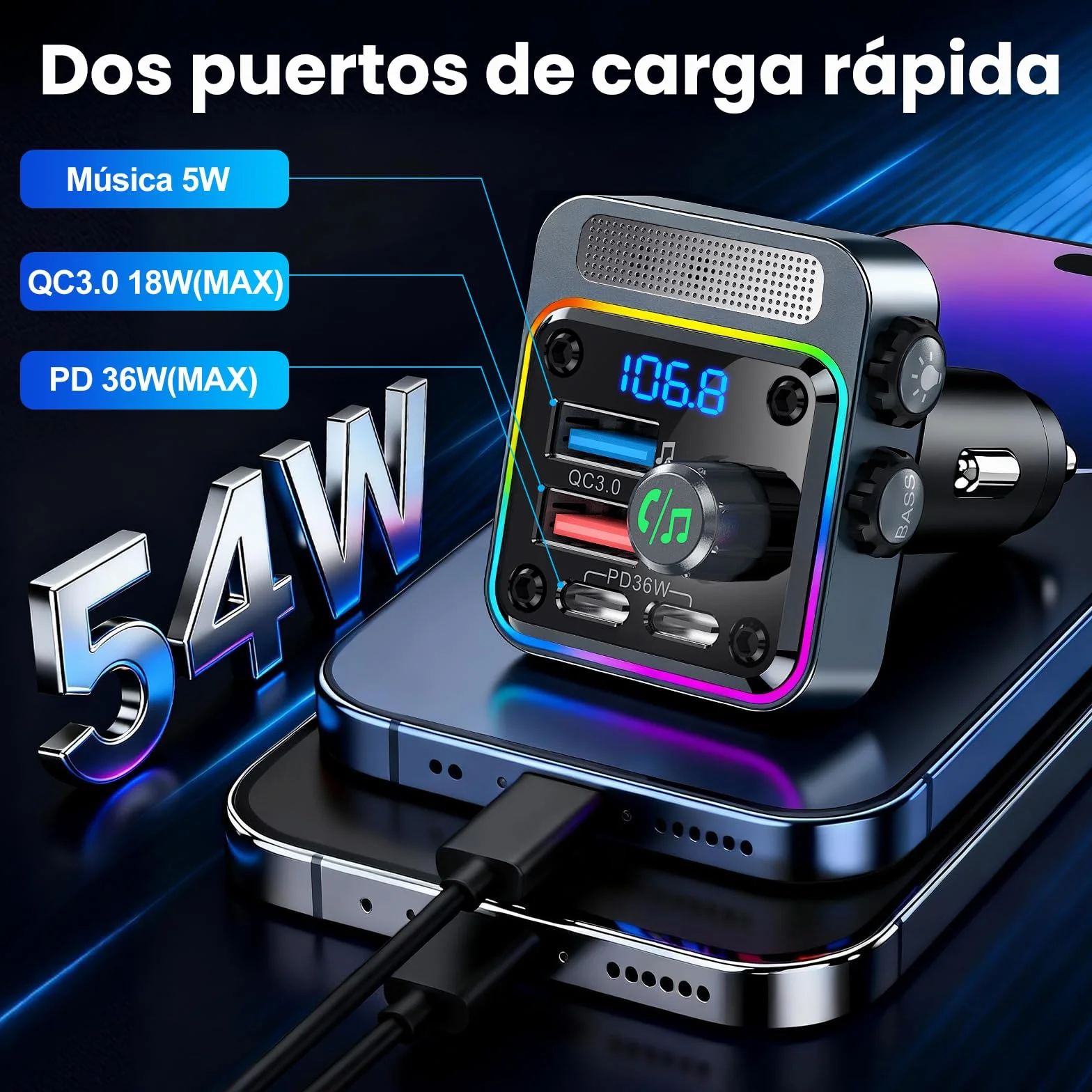 Gizmovine Transmisor FM Bluetooth Coche,Manos Libres Adaptador Bluetooth Radio Coche,Carga Rápida (USB C PD 36W QC3.0 18W),Mechero Accesorios Coche,Bass,Inalámbrico Reproductor Musica MP3
