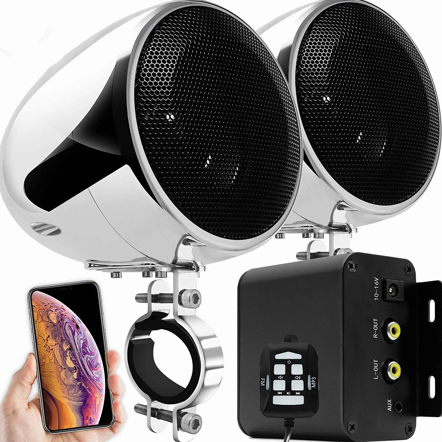 M150 Sistema de Audio con Amplificador de Motocicleta con AUX, MP3, Radio FM, 4 Pulgadas de Altavoces estéreo Bluetooth Impermeables para Motocicletas ATV UTV RZR (Cromo, Red)