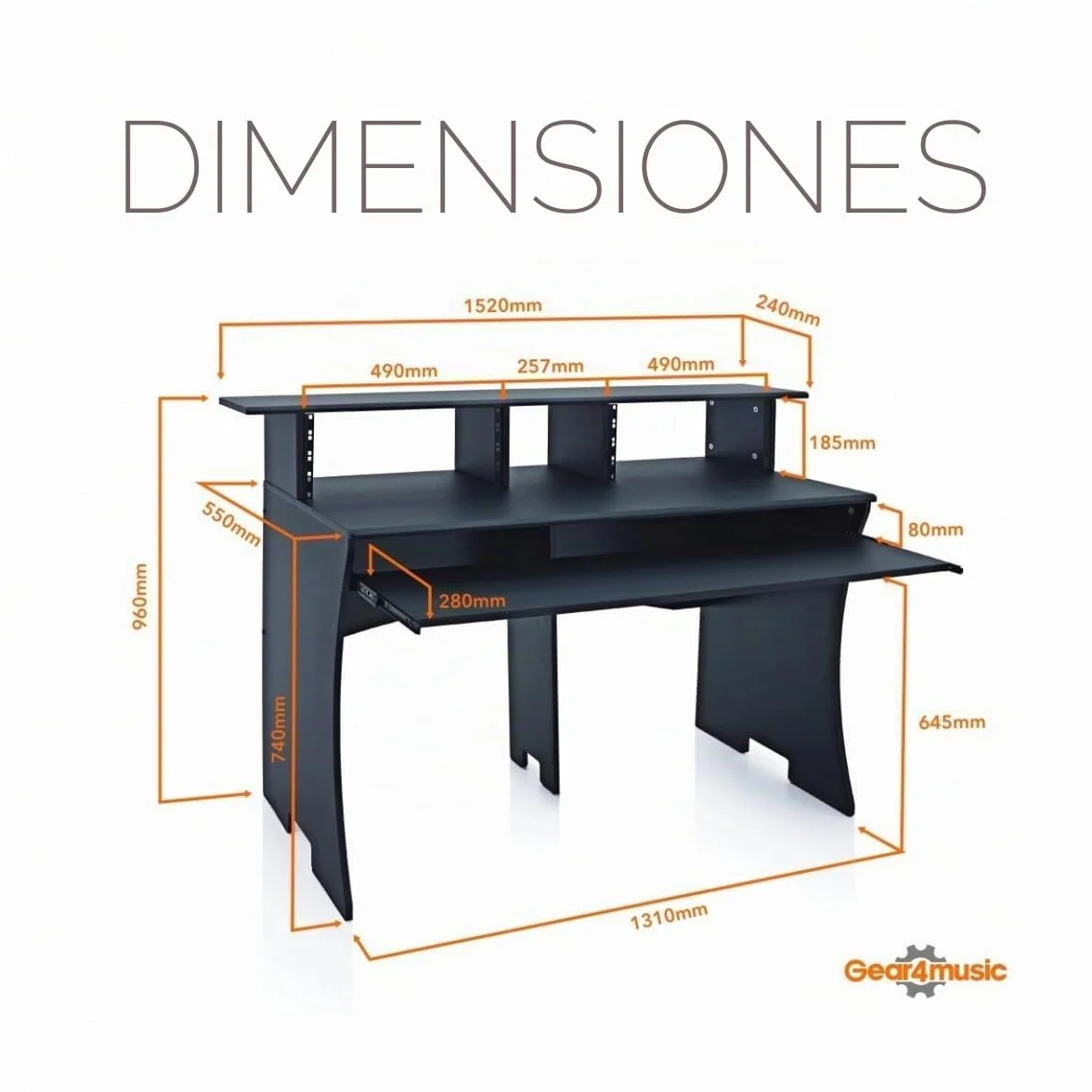 gear4music Escritorio para Estudio de Audio Profesional y Grabacion 8U Negro 3 Niveles