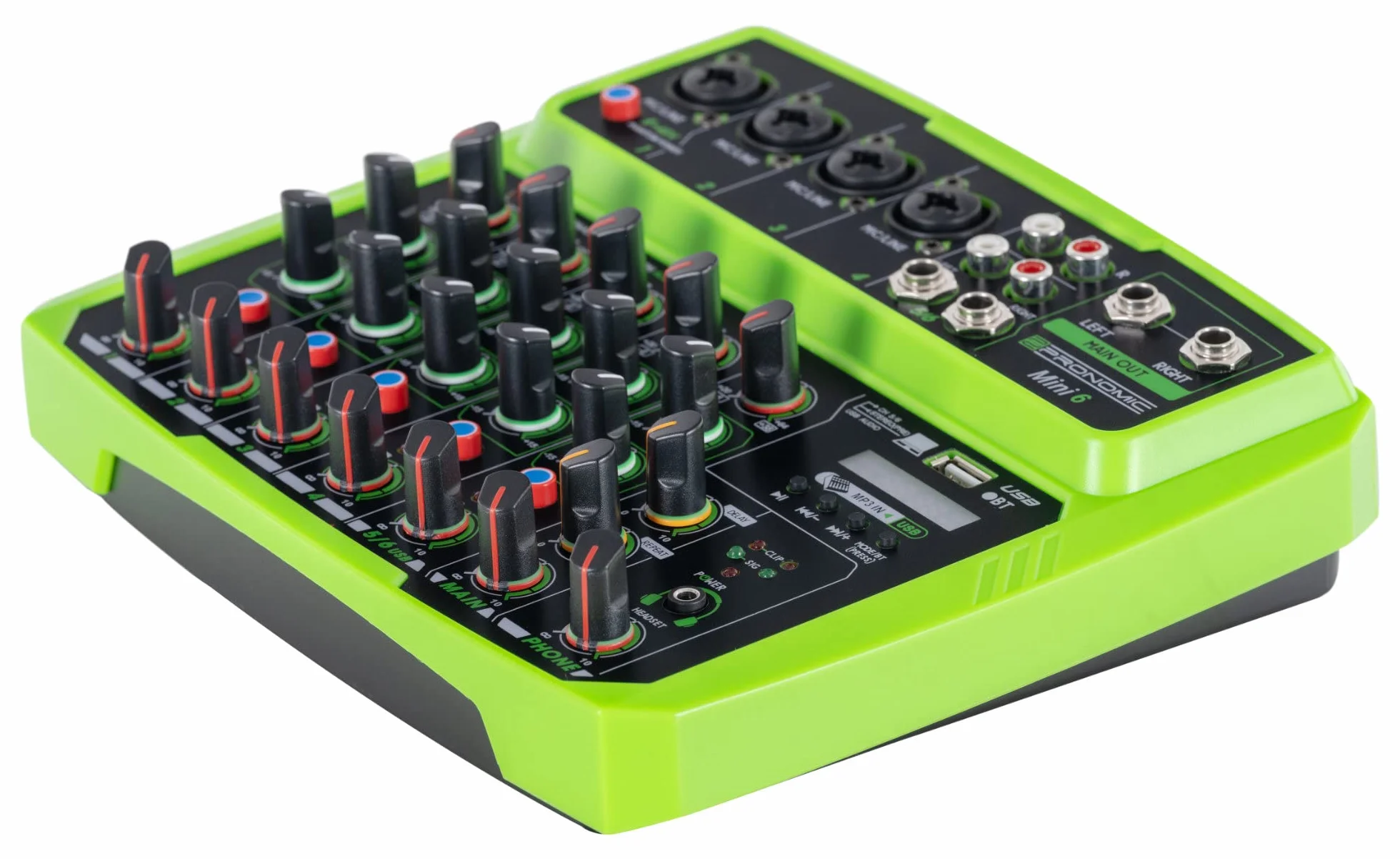 Pronomic Mini6 Mesa de Mezclas USB - Mezclador de 6 Canales - 4 Canales con Entradas Combo - Entrada Estéreo - Reproductor/Grabador Multimedia con Bluetooth - Interfaz de Audio - Verde