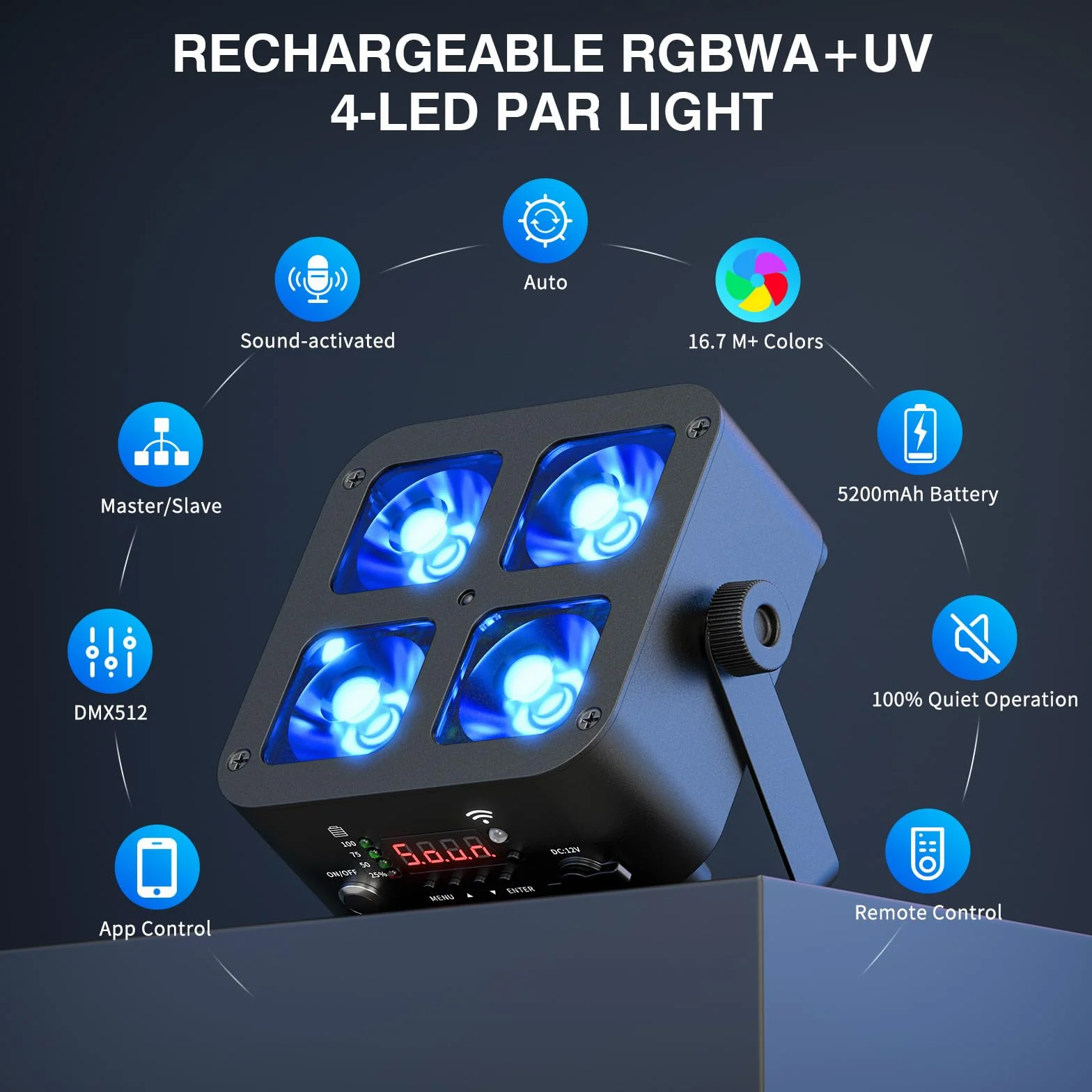4PCS 100W Foco LED Par Light Batería Recargable,RGBWA+UV Luz de Escenario,Mini Luces Discoteca con Control Remoto/DMX/APP para Fiestas DJ Bar Show Boda Halloween Navidad