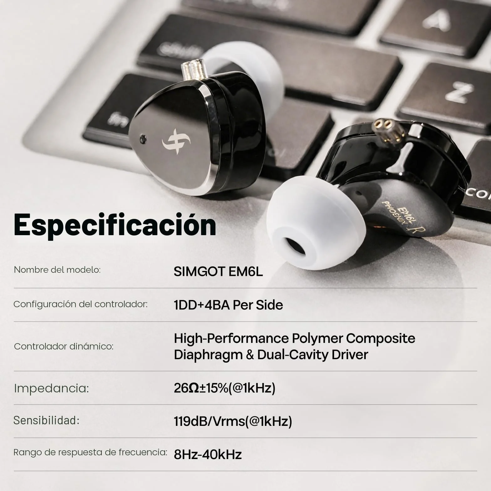 LINSOUL SIMGOT EM6L Monitor de Altavoces Híbrido con Carcasa 3D, Auriculares HiFi In-Ear, Cable OFC Plateado Extraíble (Negro, EM6L)