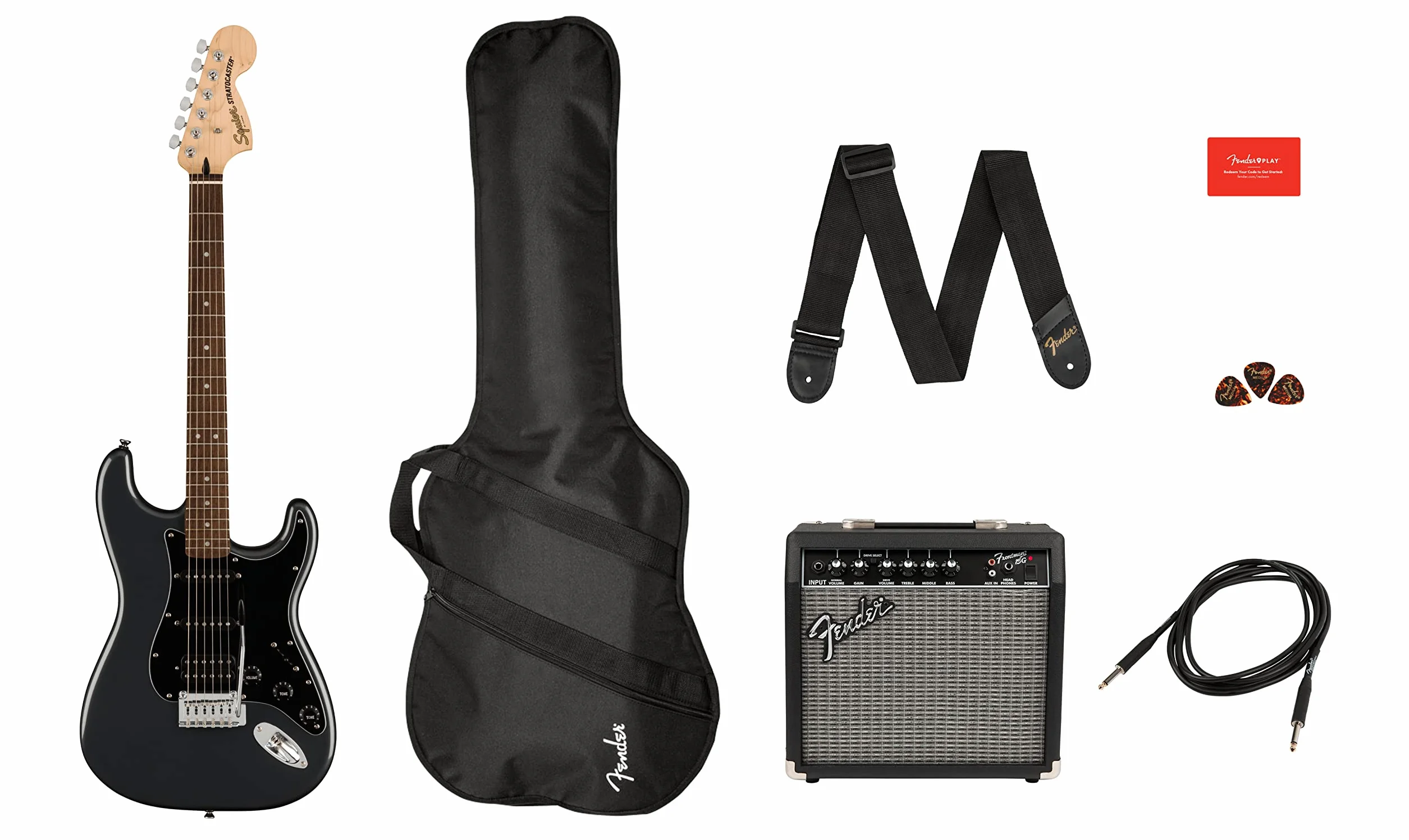 Squier by Fender Pack Affinity HSS, Charcoal Frost Metallic, con amplificador, pack de guitarra eléctrica, Incluye cursos virtuales gratuitos en Fender Play