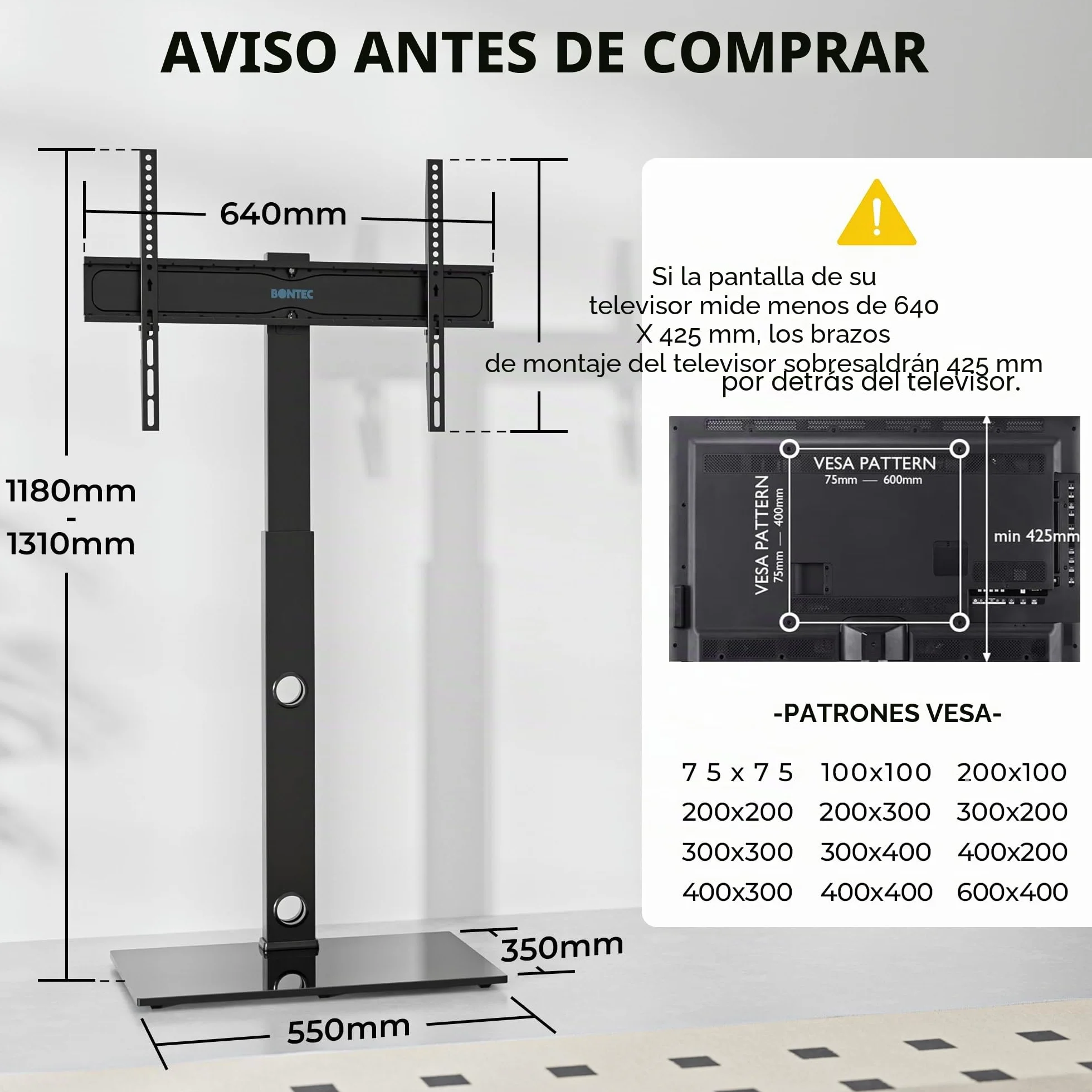 BONTEC Soporte TV Pie para Pantallas de 30-70 Pulgadas para TVs Planas y Curvas, Soporte Television Pie con 6 Niveles de Altura, hasta 40 kg, VESA Máx 600x400 mm, para Salón, Dormitorio y Oficina