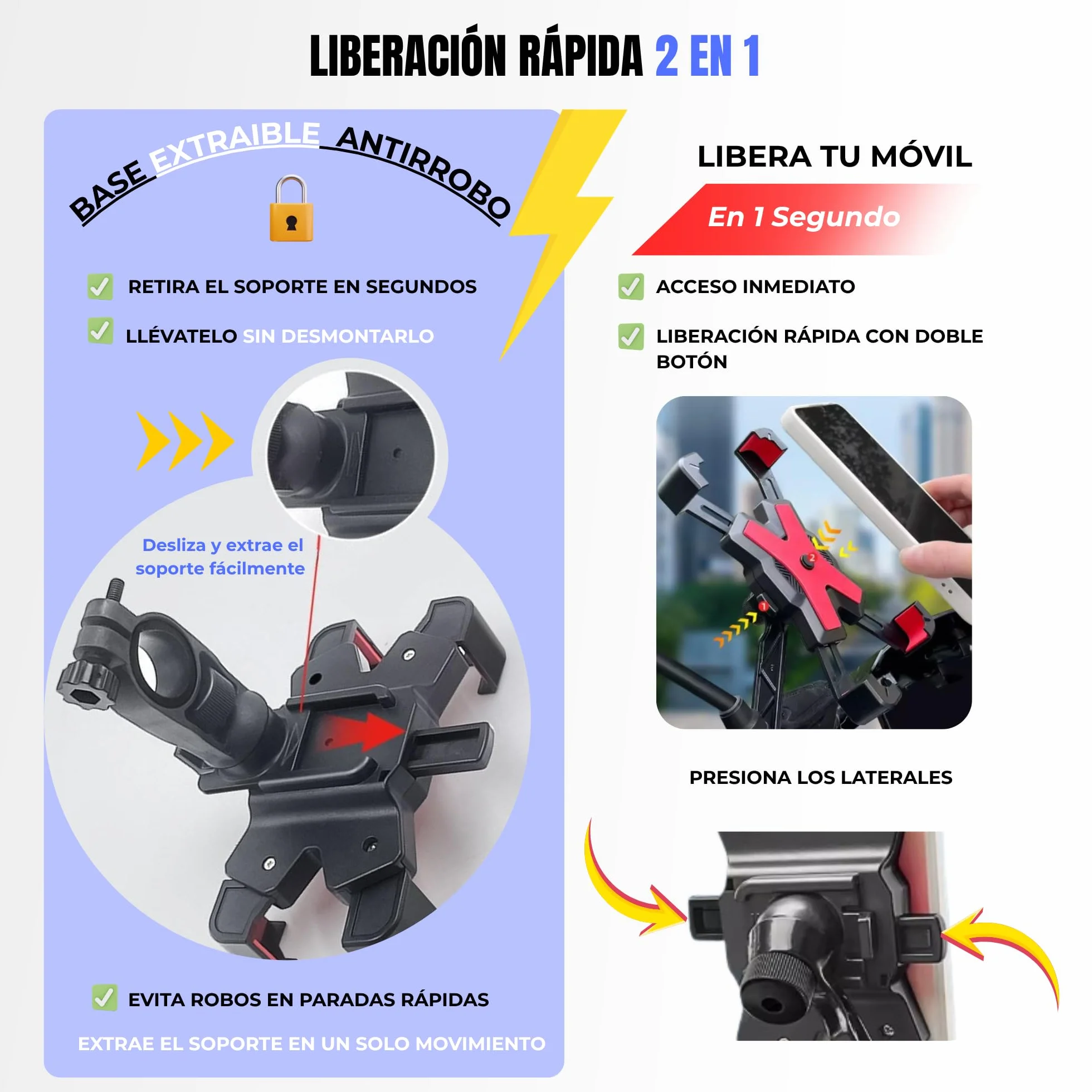 Soporte móvil Moto de Manillar Universal 360º Giro Desmontable 4,5-7" Negro