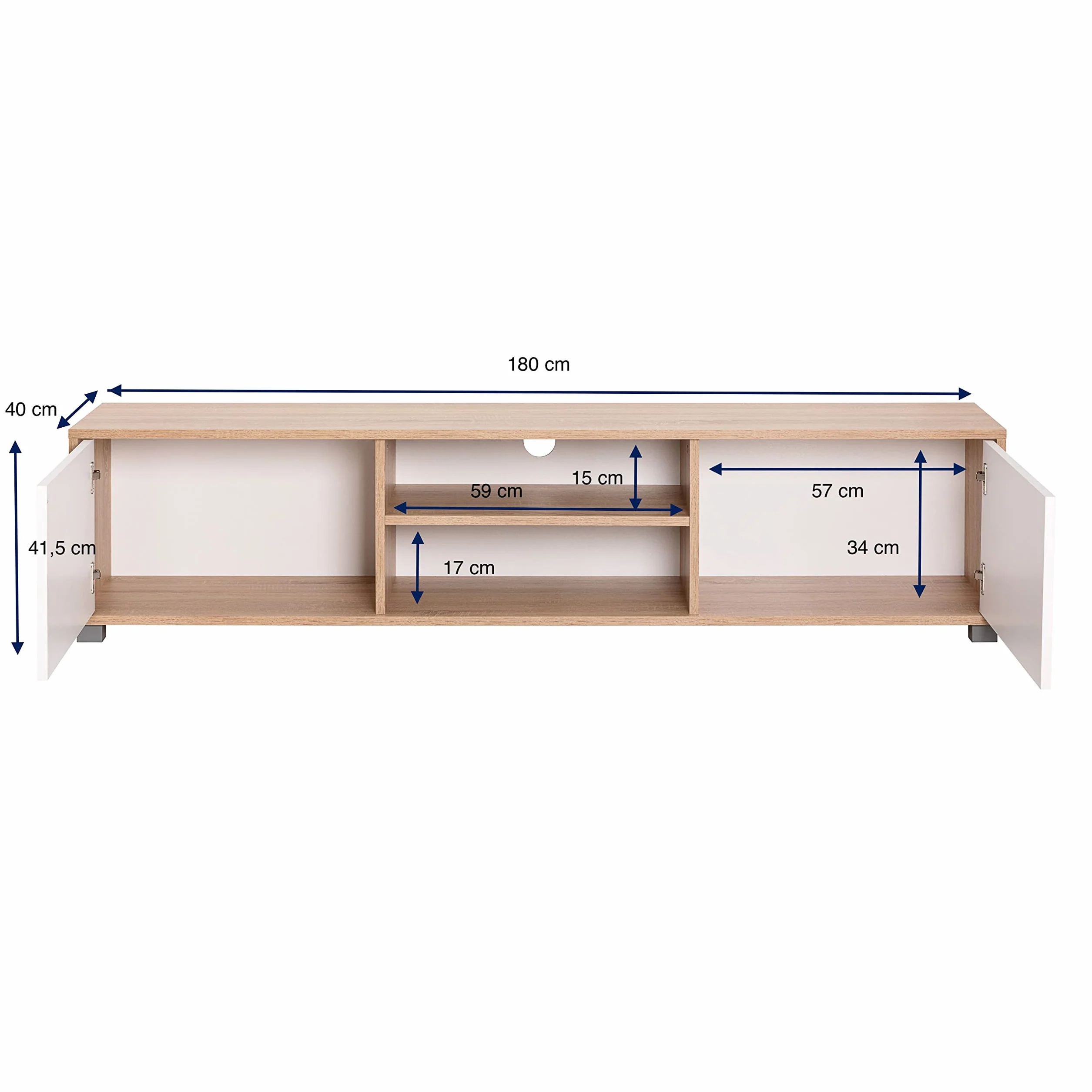 Mueble TV Salon Mesa para TV Color Roble y Blanco 180 x 40 x 41 cm. Atenea