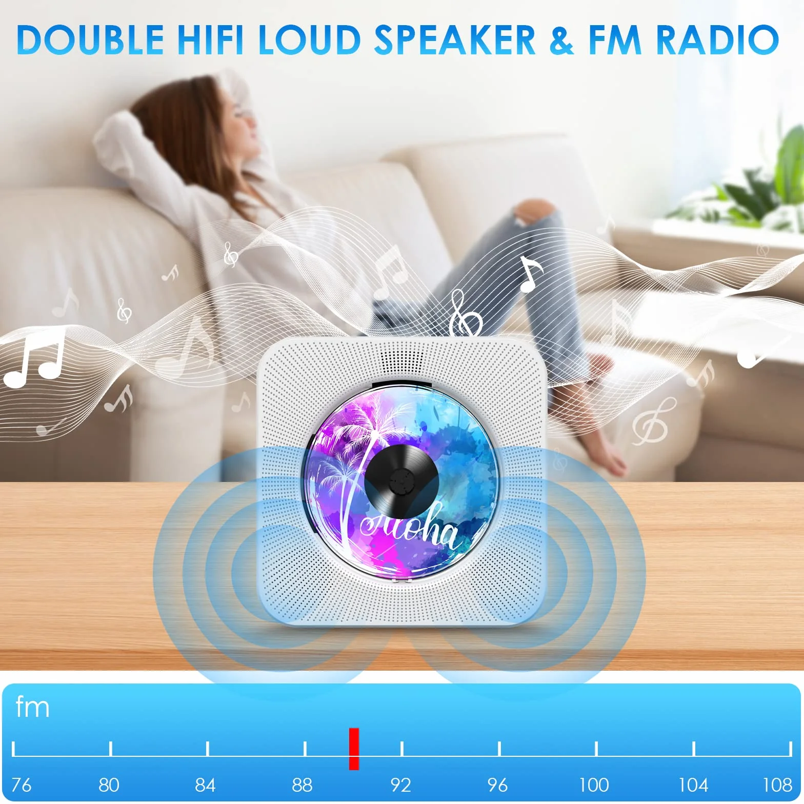 Gueray Reproductor de CD Portátil Bluetooth Montaje en Pared Altavoces HiFi Dobles Radio FM (Blanco)