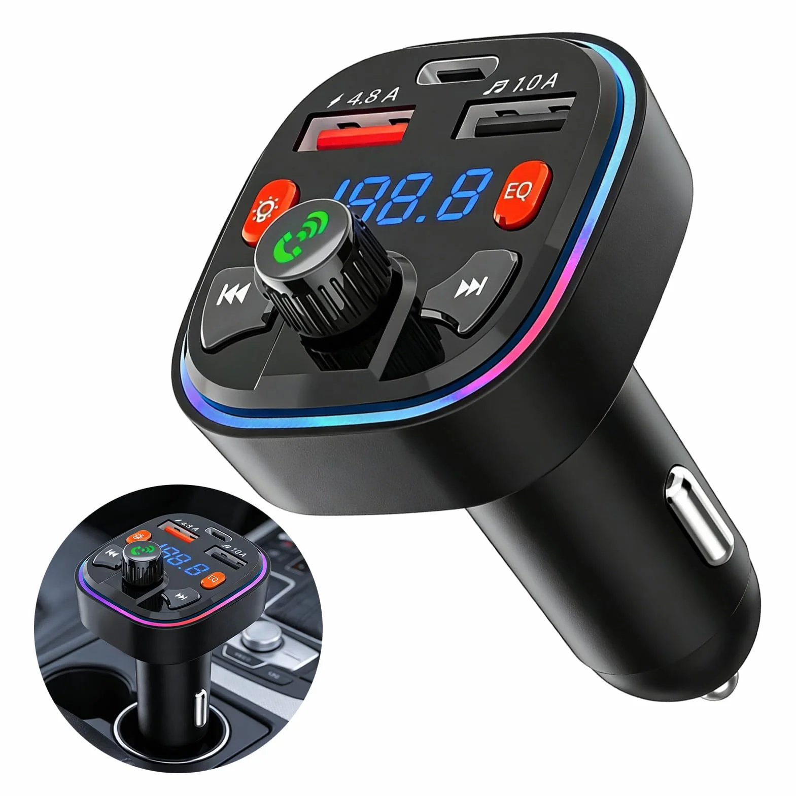Transmisor FM Bluetooth Coche, Bluetooth 5.0 Accesorios Coche,Adaptador de Radio,Compatibilidad con 2 USB + Tipo C,Llamadas Manos Libres
