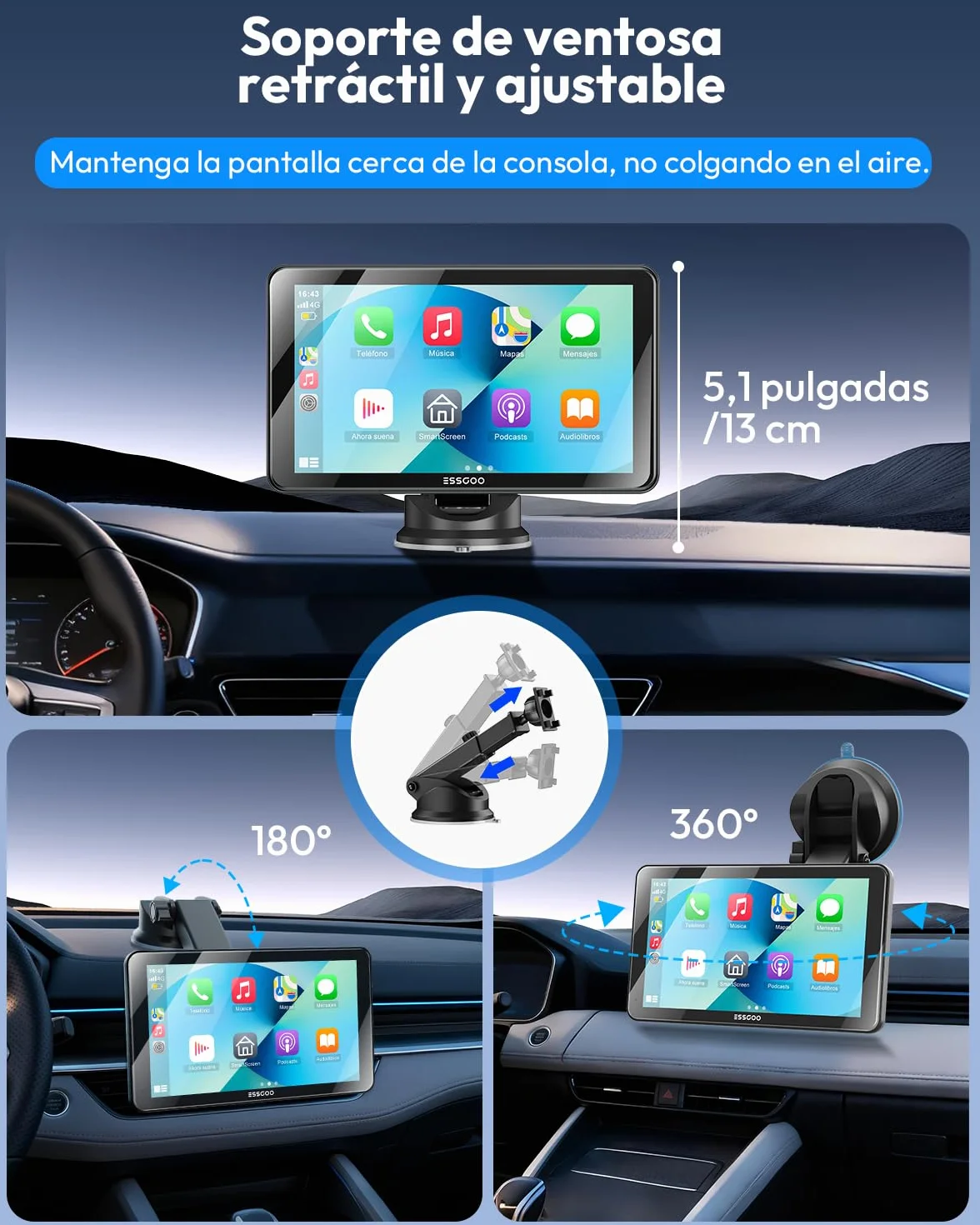 ESSGOO Pantalla Carplay Coche con Cámara Retrovisora,7 Pulgadas Apple Car Play Android Auto Inalámbrico,Pantalla Táctil Portátil Radio Coche con Bluetooth,Airplay,Mirror Link,FM,AUX,Siri,Navegación