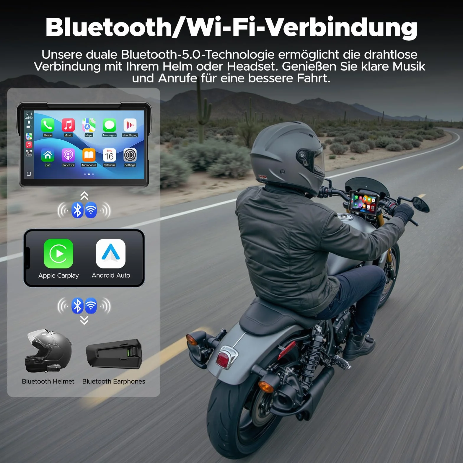 Volam Pantalla Carplay para Motocicleta, CarPlay y Android Auto Inalámbricos, 7 Pulgadas Pantalla Táctil Impermeable IP67 con Navegación GPS, Doble Bluetooth, Asistente de Voz, Plug y Play
