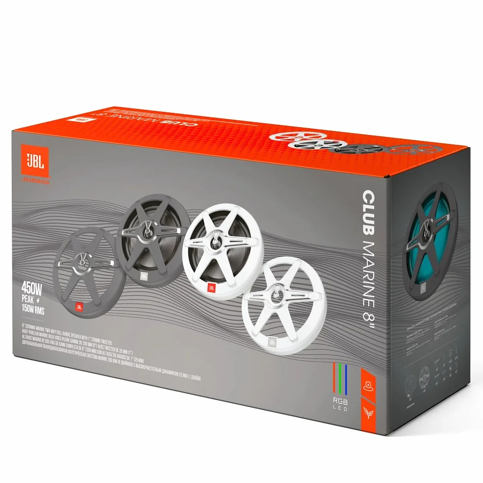 JBL Marine CLUB82 Altavoces coaxiales Marinos 2 vías 8 Pulgadas con 150 W RMS y 450 W Pico, sensibilidad 92 dB, 4 ohmios, protección IPx5, woofer Plus One y Tweeter Pei Resistente UV