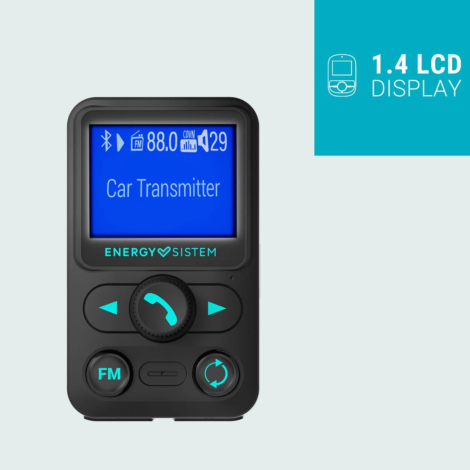 Energy Sistem Car Transmitter FM Xtra - Transmisor FM para Coche con LCD 1,4", Bluetooth, microSD, Quick Charge, USB MP3, Negro