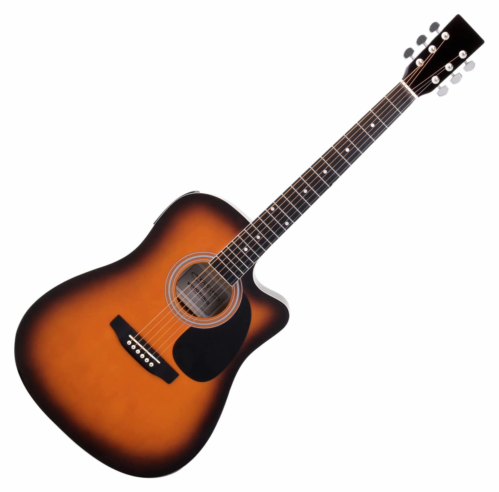 Classic Cantabile WS-10SB-CE Guitarra Western Dreadnought Cutaway, 6 cuerdas, 20 trastes, con pastilla, accesorios, funda, libro de partituras, cuerdas y púas, acabado sunburst.
