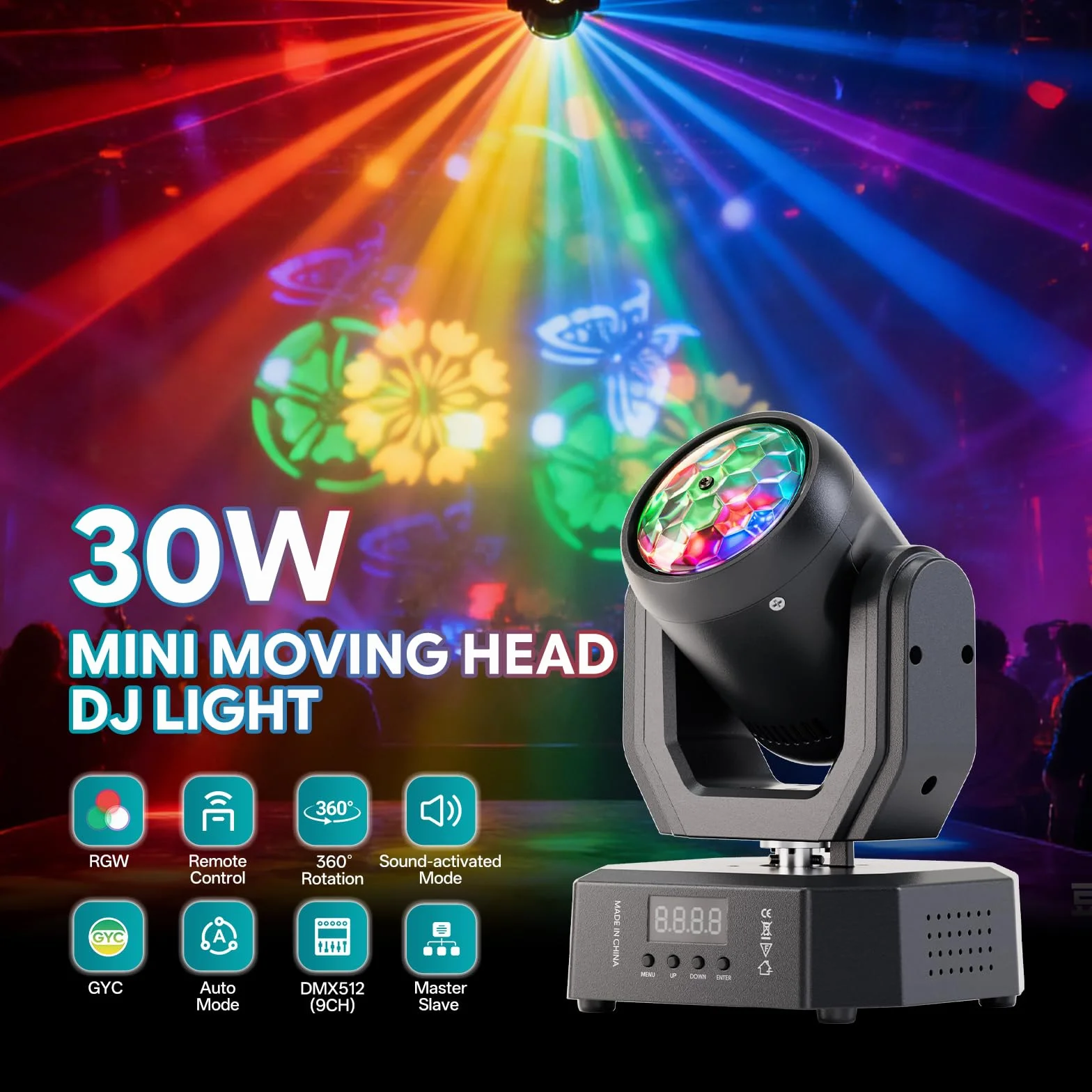 Cabeza Móvil LED 30W,DMX512 RGW Efectos de Iluminación,5 Modos de Control Con Control Remoto Mini Cabeza Movil LED Discoteca Para DJ, Fiestas e Iluminación