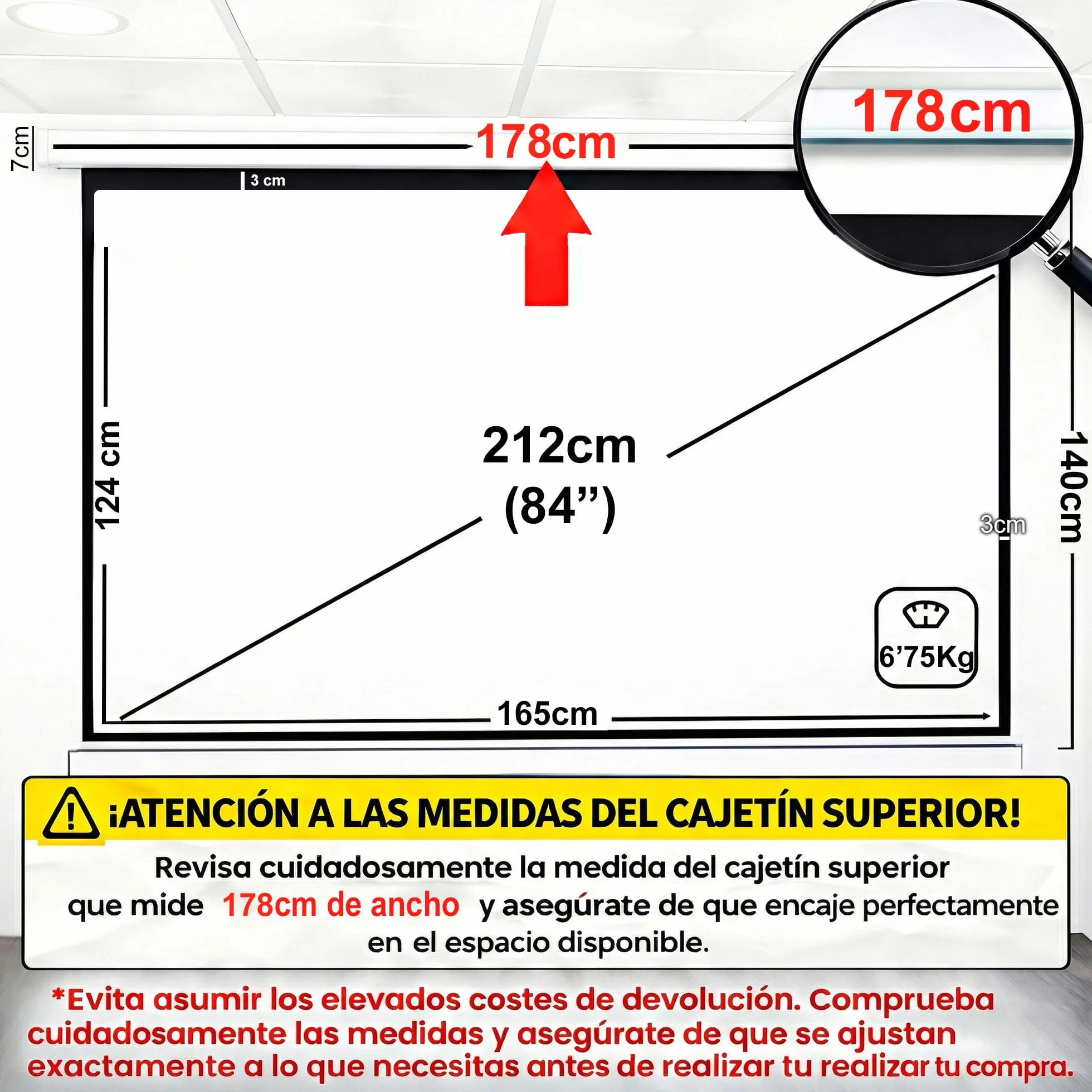 Pantalla de proyección Manual Luxscreen 84" Pulgadas 165 x 124cm Cajetín 1,80m