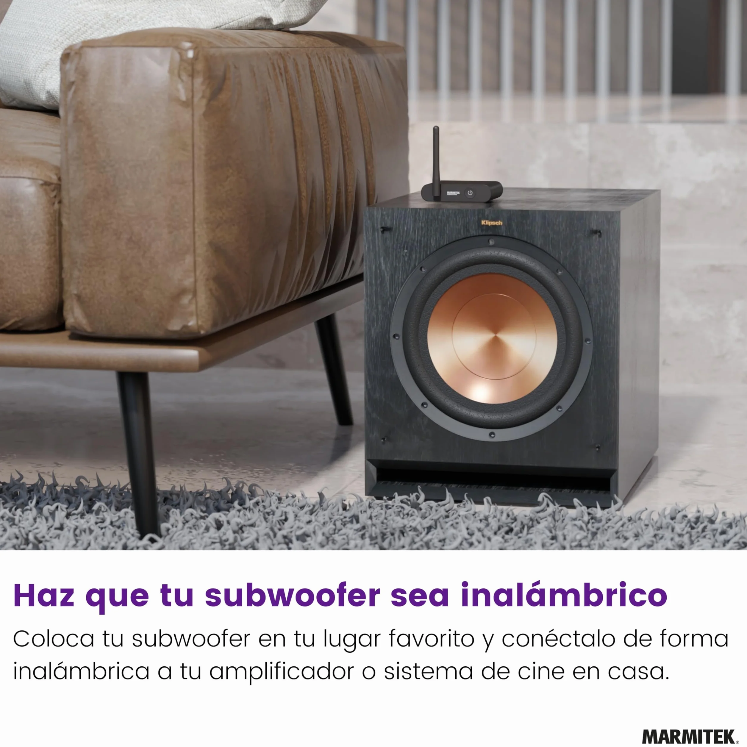 Kit subwoofer inalámbrico Marmitek Subwoofer Anywhere 640 - Sub Activo por LFE/Line - Transmisión Digital Estable, RCA Dorado, Auto Standby - USB-C