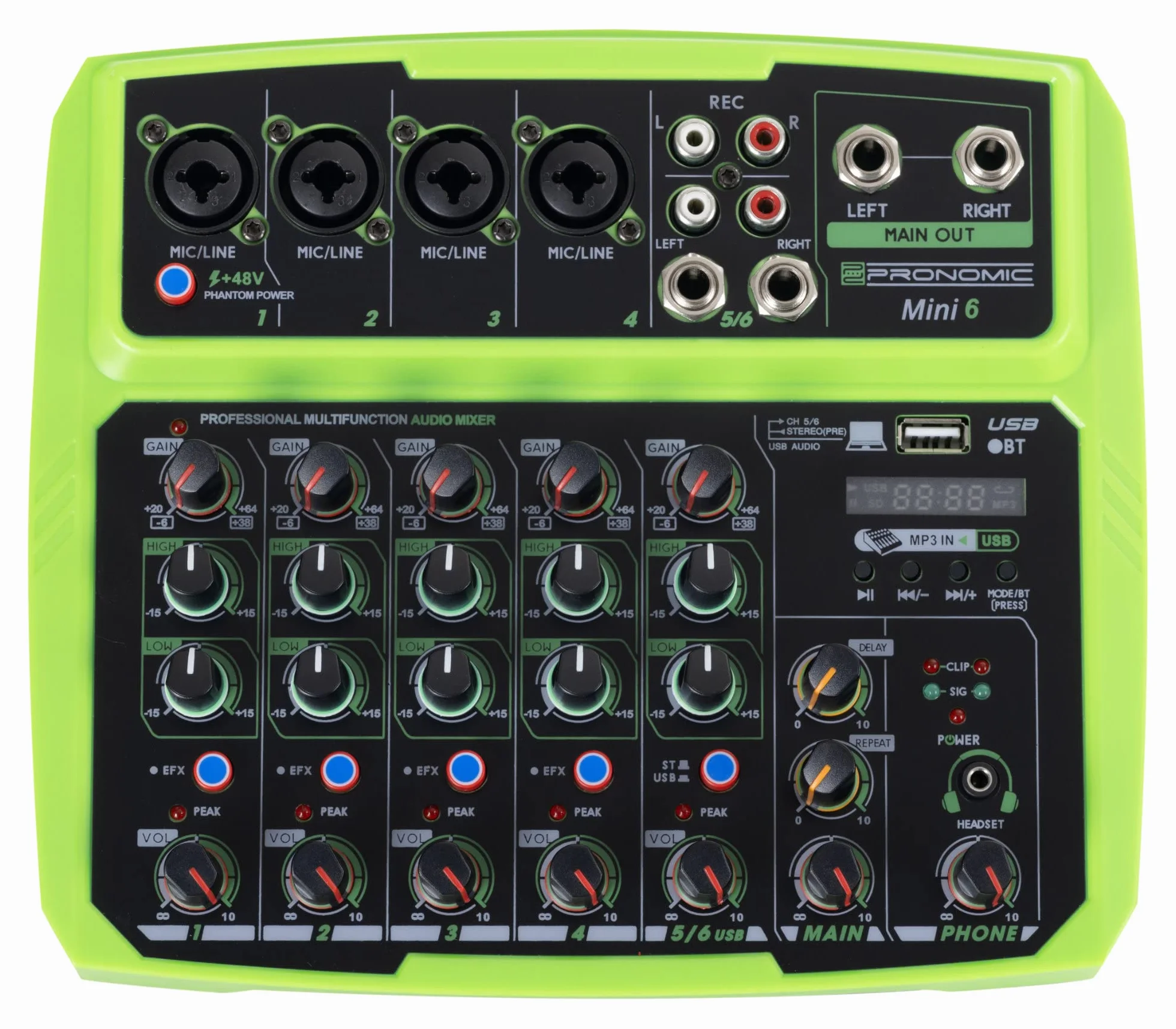 Pronomic Mini6 Mesa de Mezclas USB - Mezclador de 6 Canales - 4 Canales con Entradas Combo - Entrada Estéreo - Reproductor/Grabador Multimedia con Bluetooth - Interfaz de Audio - Verde