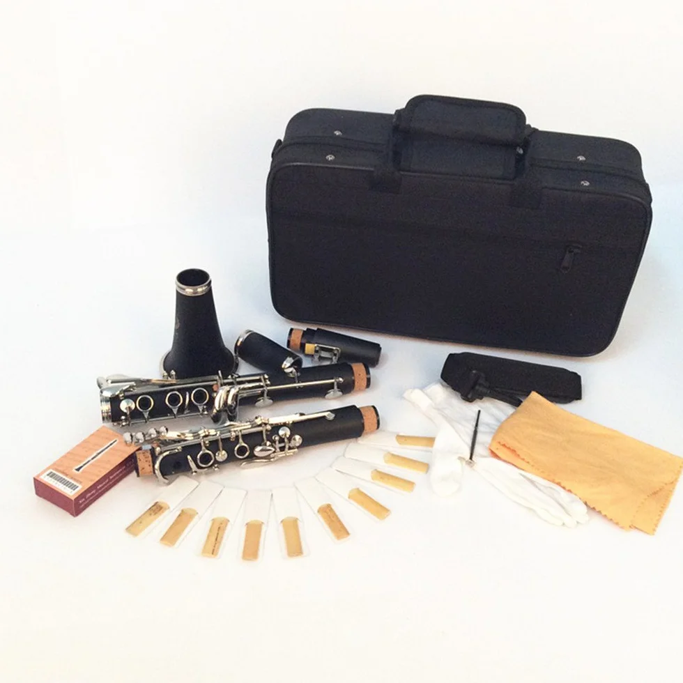 Andoer® Clarinete Baquelita 17 B ♭ Key Flat Soprano Niquelado Exquisito con Cork Grease Trapo de Limpieza Guantes 10 Cañas Destornillador Instrumentos de Viento de Madera
