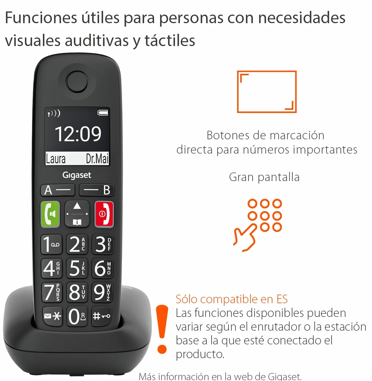 Gigaset E290 Teléfono DECT Inalámbrico Botones Grandes Pantalla Iluminada Blanco y Negro Control de Volumen Negro