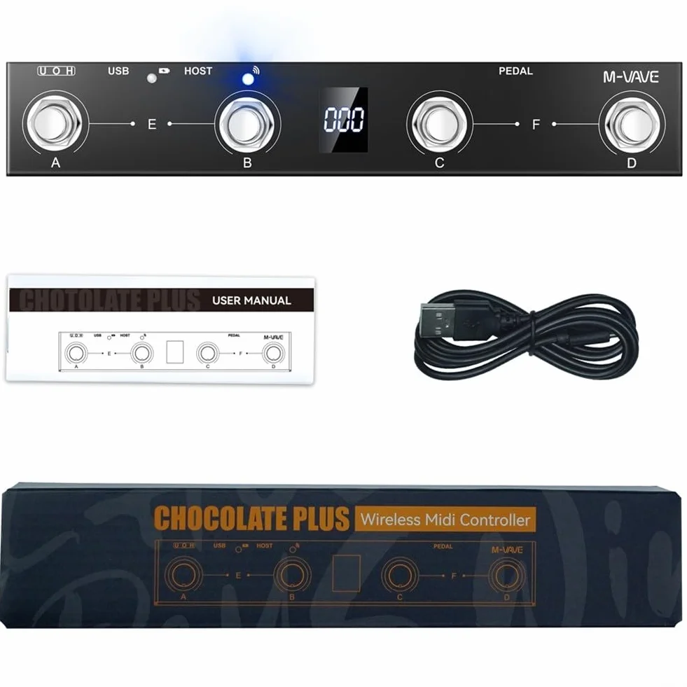 M-VAVE/Chocolate Plus - Controlador MIDI/pedal con 4 botones programables, construcción de metal, conectividad USB, batería recargable, 12 horas de reproducción para músicos y artistas (negro)