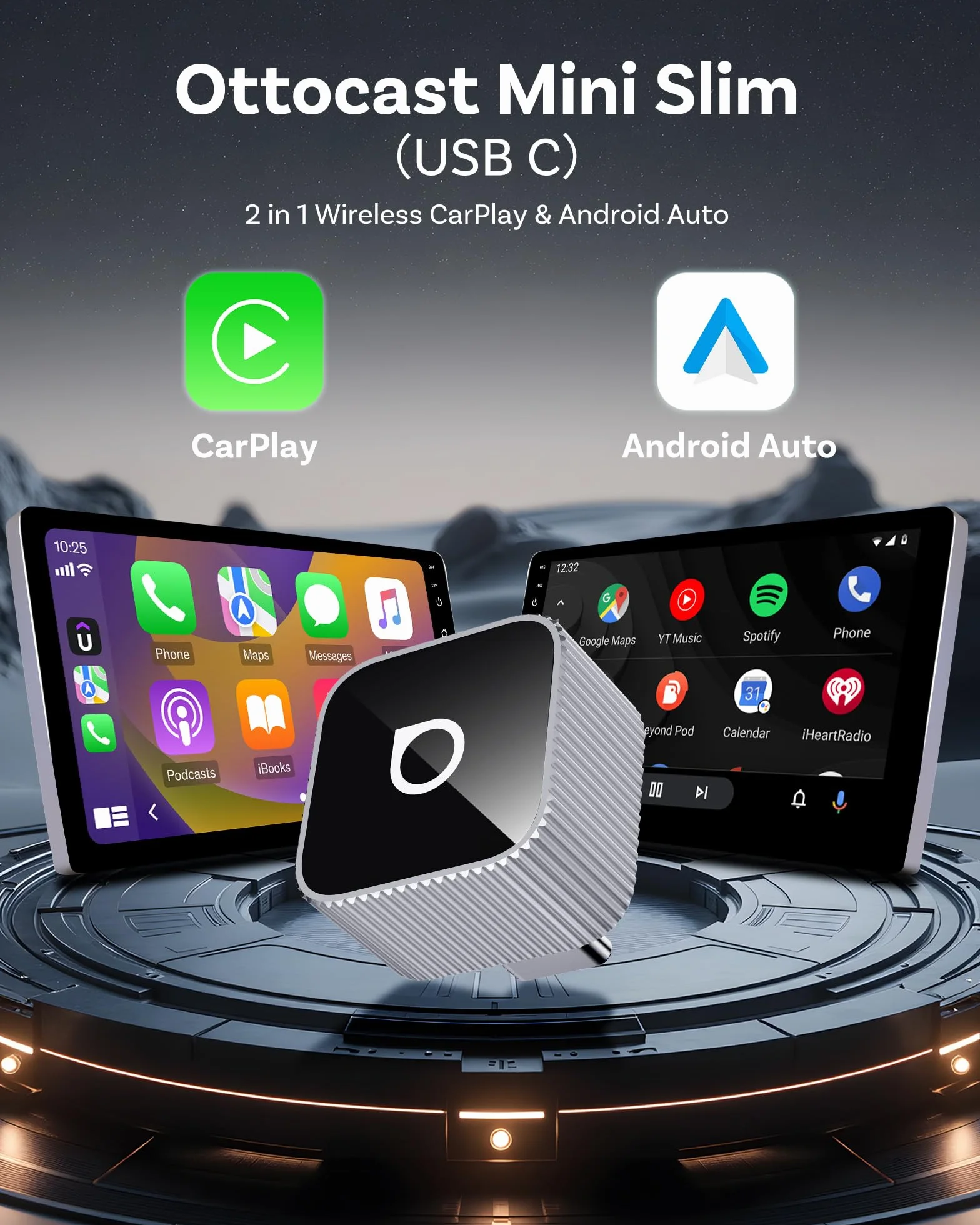 OTTOCAST Mini Slim versión 2026, Adaptador inalámbrico CarPlay y Android Auto, actualizar CarPlay y Android Auto con Cable a inalámbrico, conexión automática rápida, dongle USB-C Compacto, Cubo