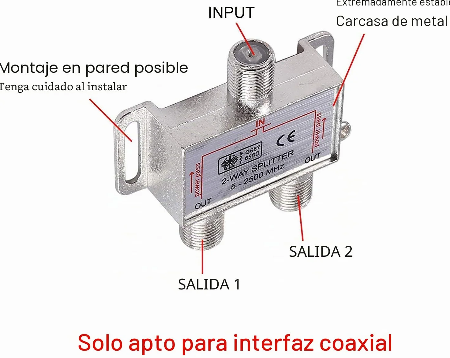 2 Vías Divisor de TV SAT 5-2500MHz Adaptador de Enchufe F Cable Distribuidor de Antena Splitter SAT Distribuidor de TV + 2 x Cable 1,5 m + 1 x F al Adaptador Coaxial + 1 x F a F Inline Joiner