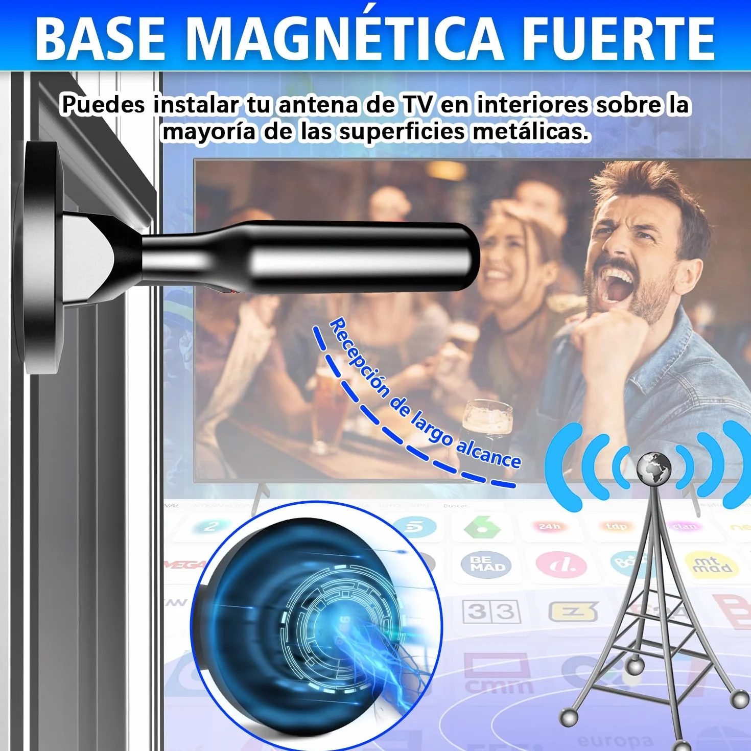 Antena TV Interior HD DVB-T2/DVB-T 4K/1080p Recepción 360° Base Magnética Fuerte