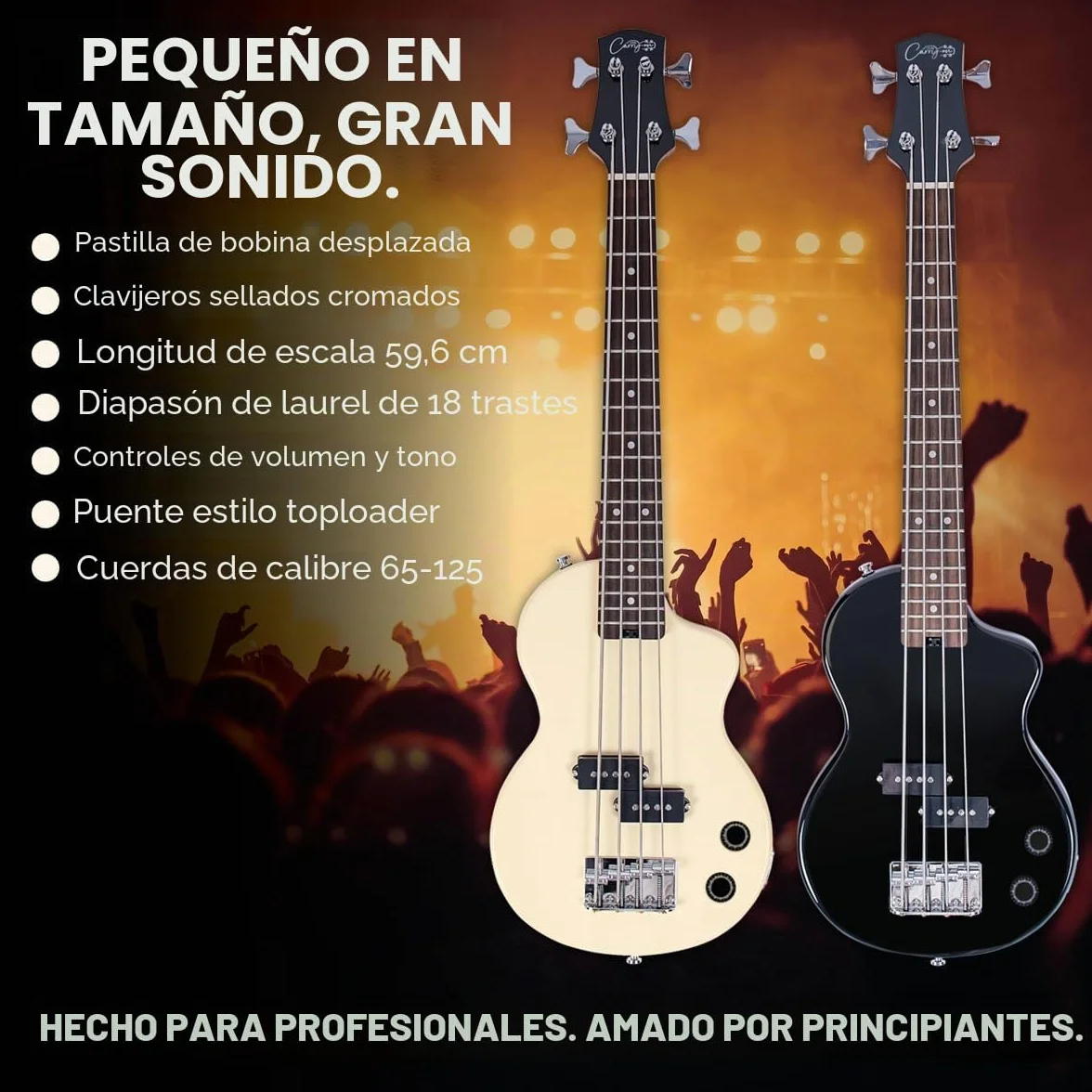 Carry-on By Blackstar Mini Guitarra Bajo Electrico Vintage White Perfecta para Niños y Adultos, Principiantes y Viajes