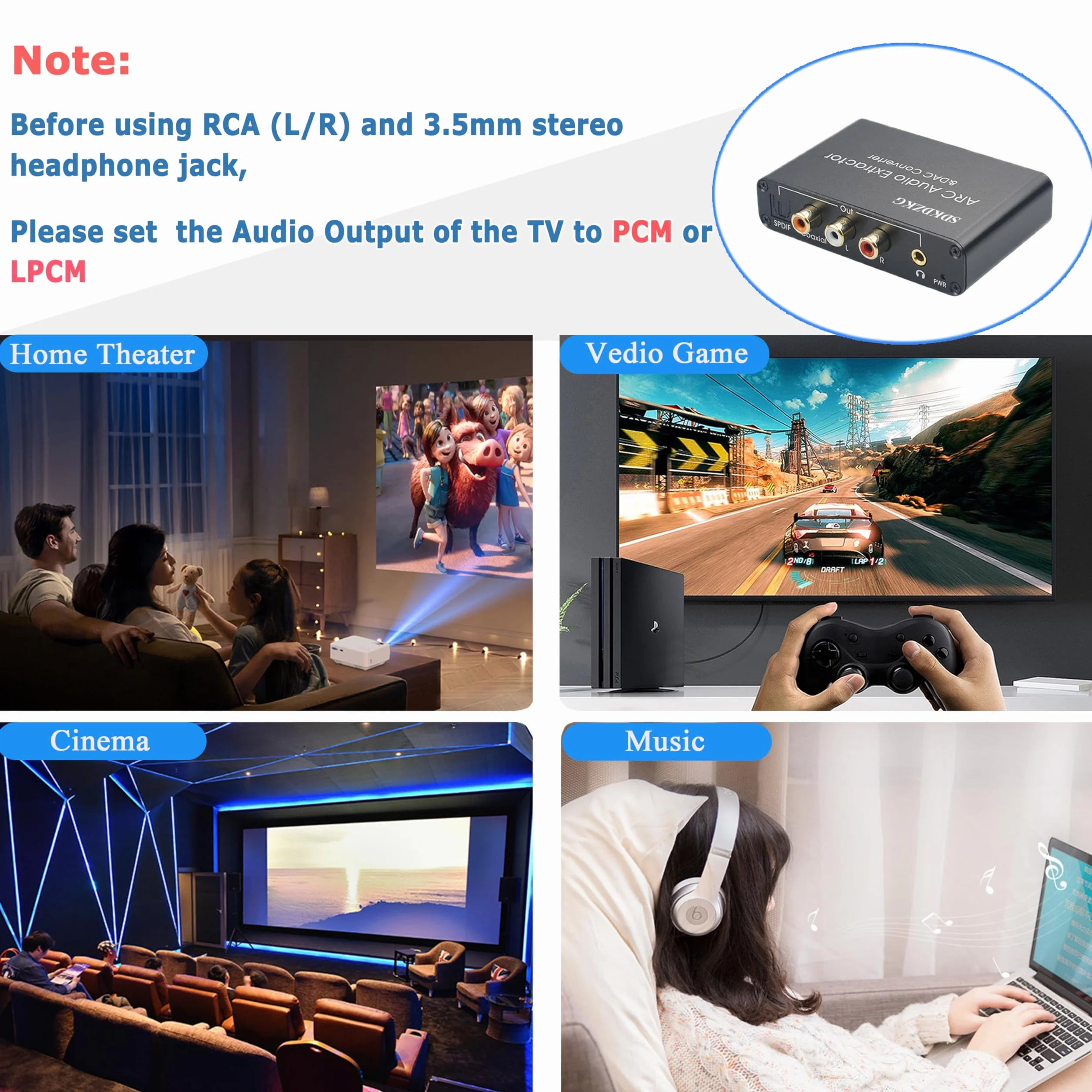 Extractor de audio HDMI ARC SPDIF óptico Toslink a RCA 3.5 mm Jack L/R, adaptador para amplificador HDTV