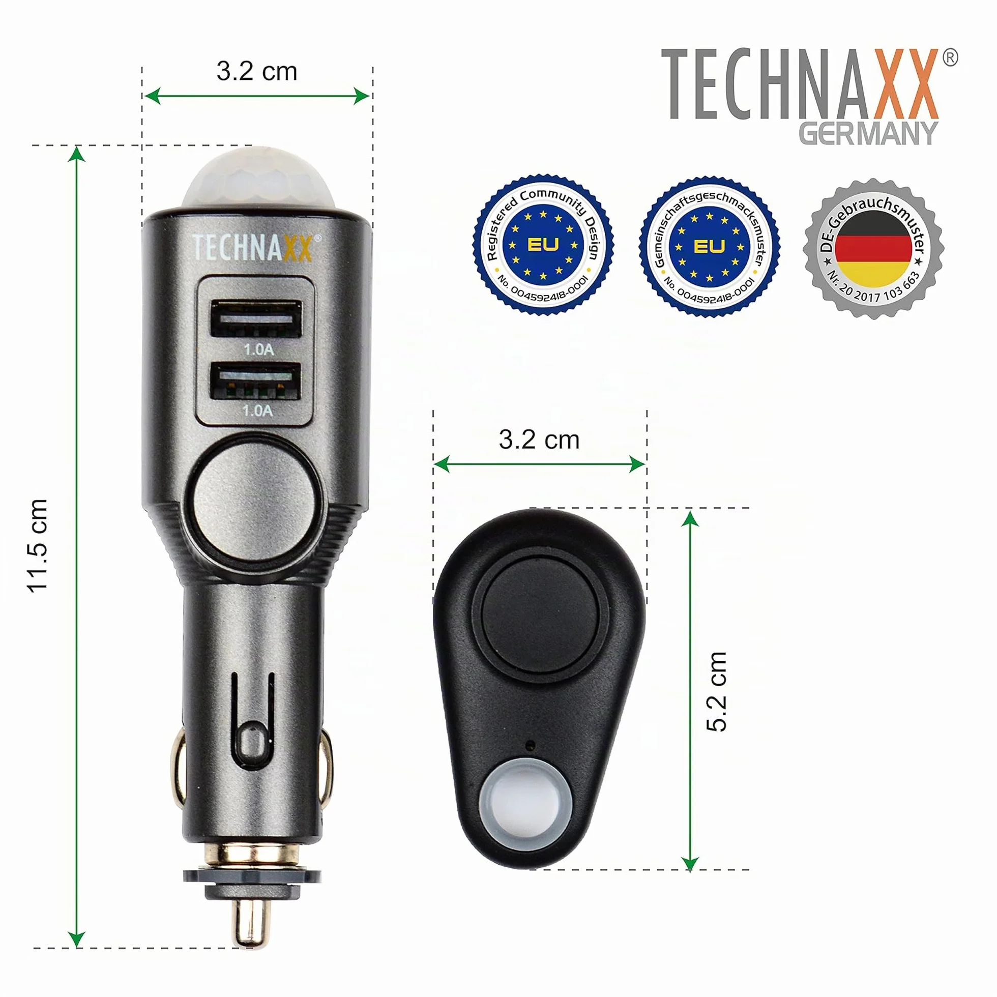 Technaxx Alemania Sensor De Detección De Movimiento Sistema De Alarma De Coche Vigilancia Del Interior Del Vehículo 110dB Sirena Función De Carga 2 Puertos USB TX-100