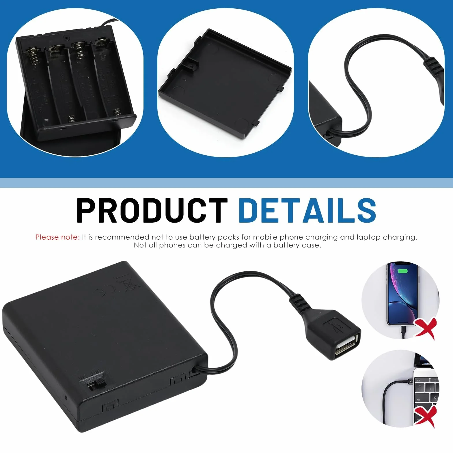 Portapilas AA, 4 Cajas de Pilas 4xAA, Porta Pilas AA con Tapa e Interruptor, Conexión a Interruptor USB, Soporte de Batería para Luz LED RC Cars