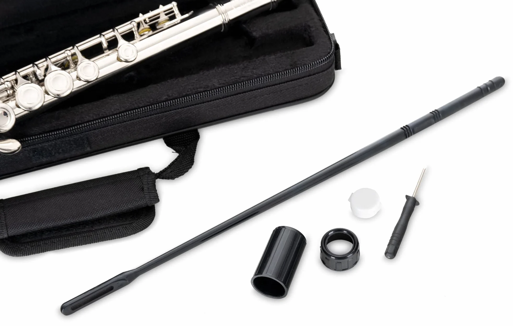 Flauta Traversa Classic Cantabile FL-100, ideal para principiantes, alpaca niquelada, llaves cerradas, mecanismo en E, sol adelantado, afinación en C, incluye estuche y accesorios, color plateado.