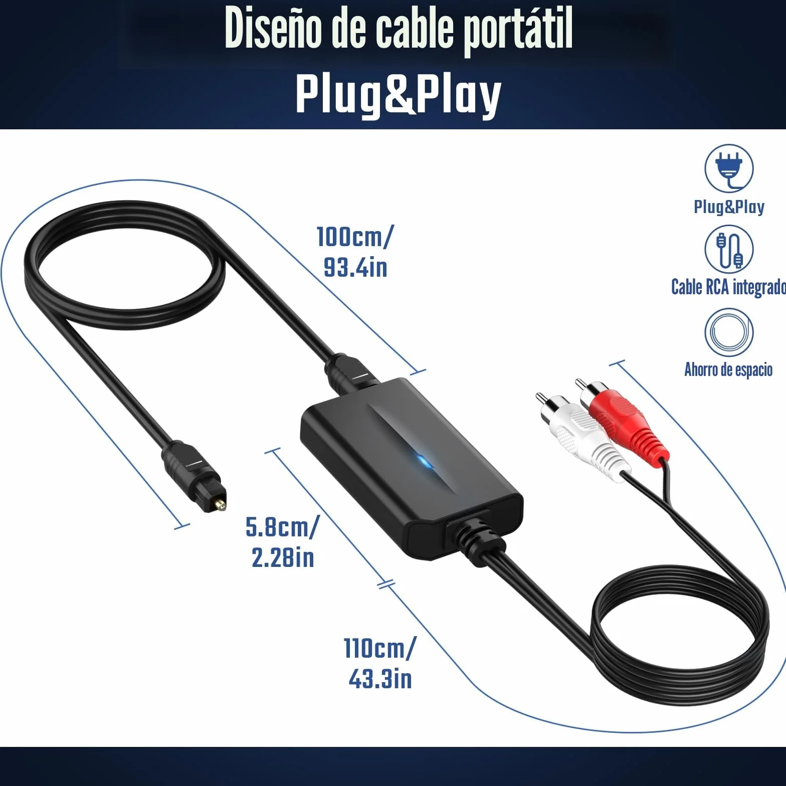 Convertidor Digital a Analógico DAC 192kHz Óptico Toslink SPDIF a RCA con Cable RCA Macho Integrado