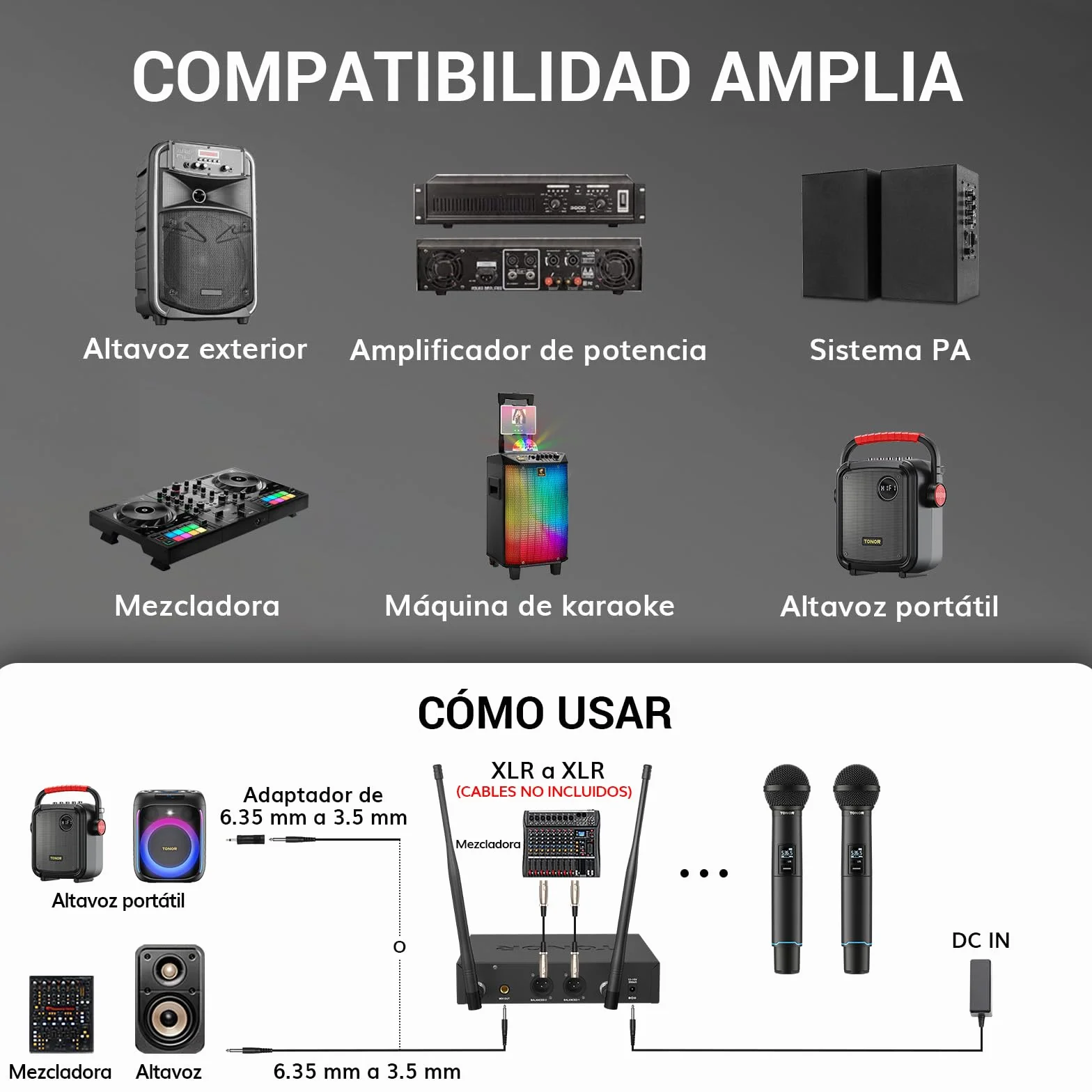TONOR Micrófono Inalámbrico Profesional, Recargable Wireless Microphone Dinámico de Mano, Sistema de 2×100 Frecuencias UHF Ajustable para Karaoke/Fiestas/DJ/Iglesias, Escaneo Automático, 100M, TW750
