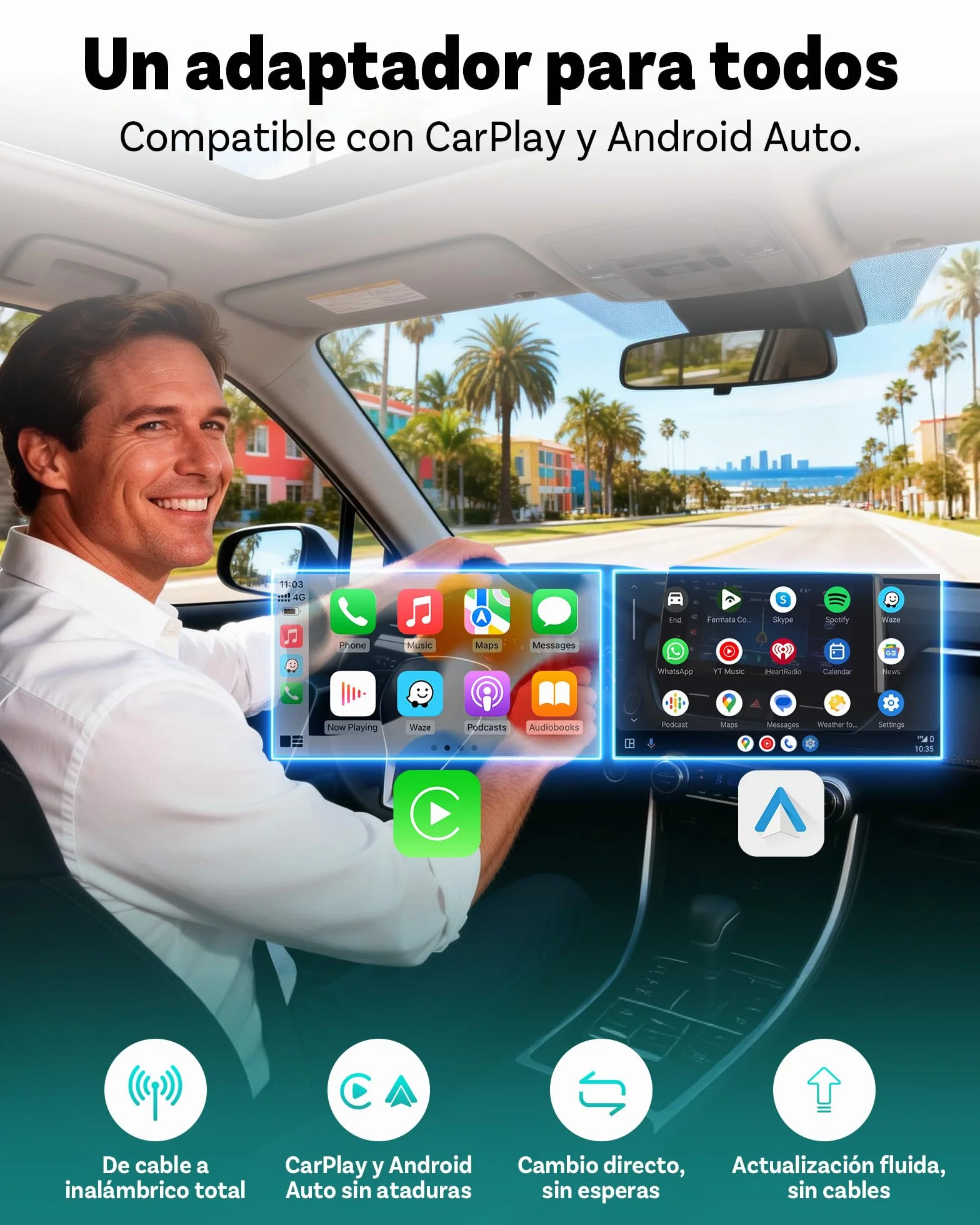 Ottocast Mini Pico, Novedad 2026, Adaptador inalámbrico 2-en-1 CarPlay Android Auto, Cambio de Dispositivo con un Toque, Plug & Play, WiFi 6 y Bluetooth 5.4, Conexión automática para iPhone y Android