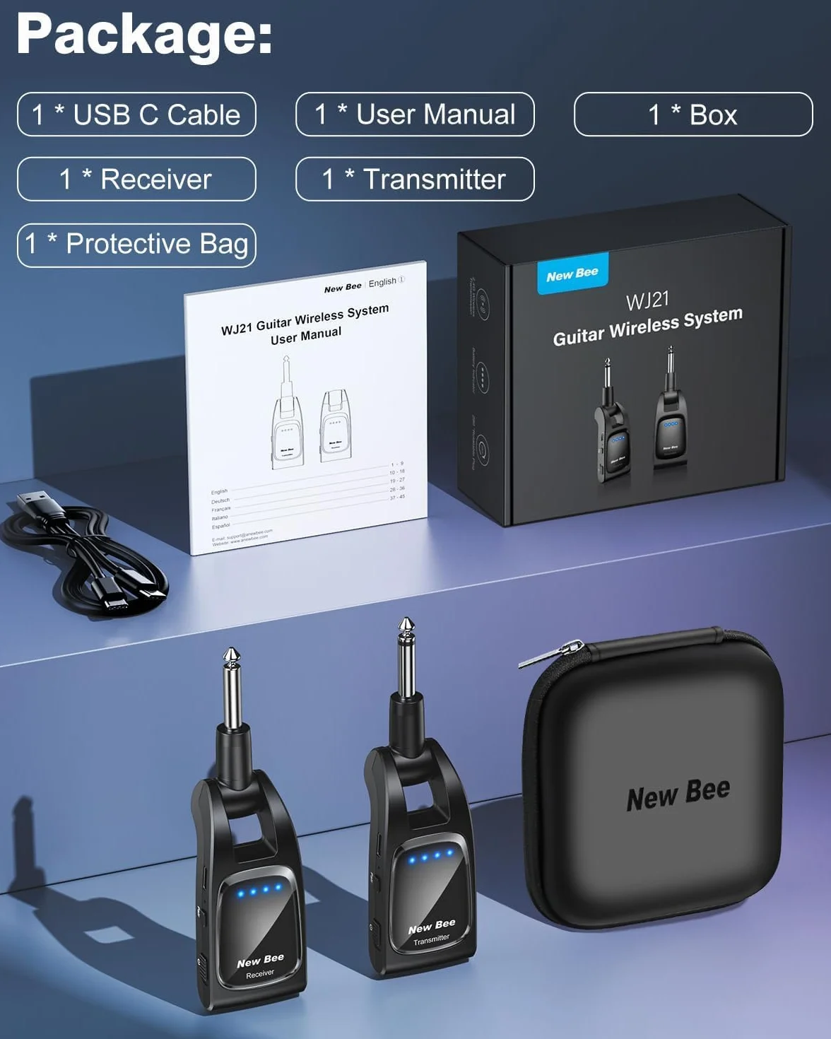 Sistema Inalámbrico de guitarra,New Bee 2.4GHz con 6 Canales de Audio Recargable Transmisor Receptor Inalámbrico de Guitarra para Guitarra bajo Instrumentos Eléctricos(Negro)