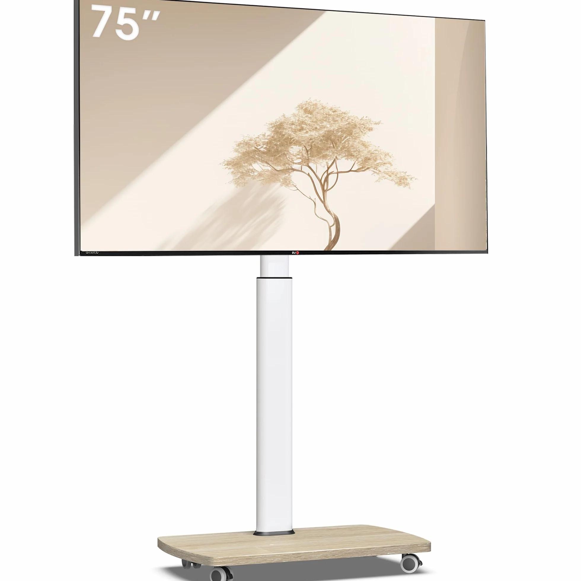 AOKCOS Soporte de suelo para TV móvil con estante de madera, soporte de TV con ruedas para televisores planos y curvados de 43 a 75 pulgadas de hasta 50 kg, altura ajustable, soporte giratorio para TV