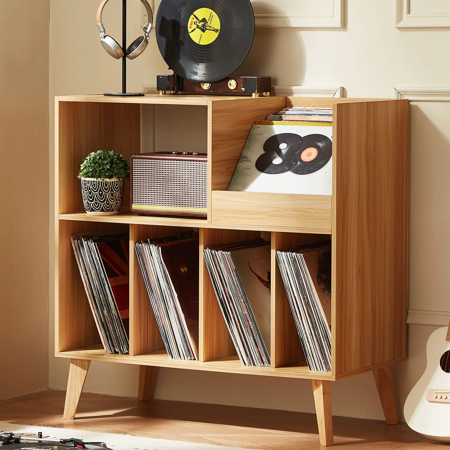 Gran soporte para discos con almacenamiento, soporte para tocadiscos con estante, soporte para discos de vinilo con área de exhibición, soporte para discos para hasta 300 álbumes, estantería para