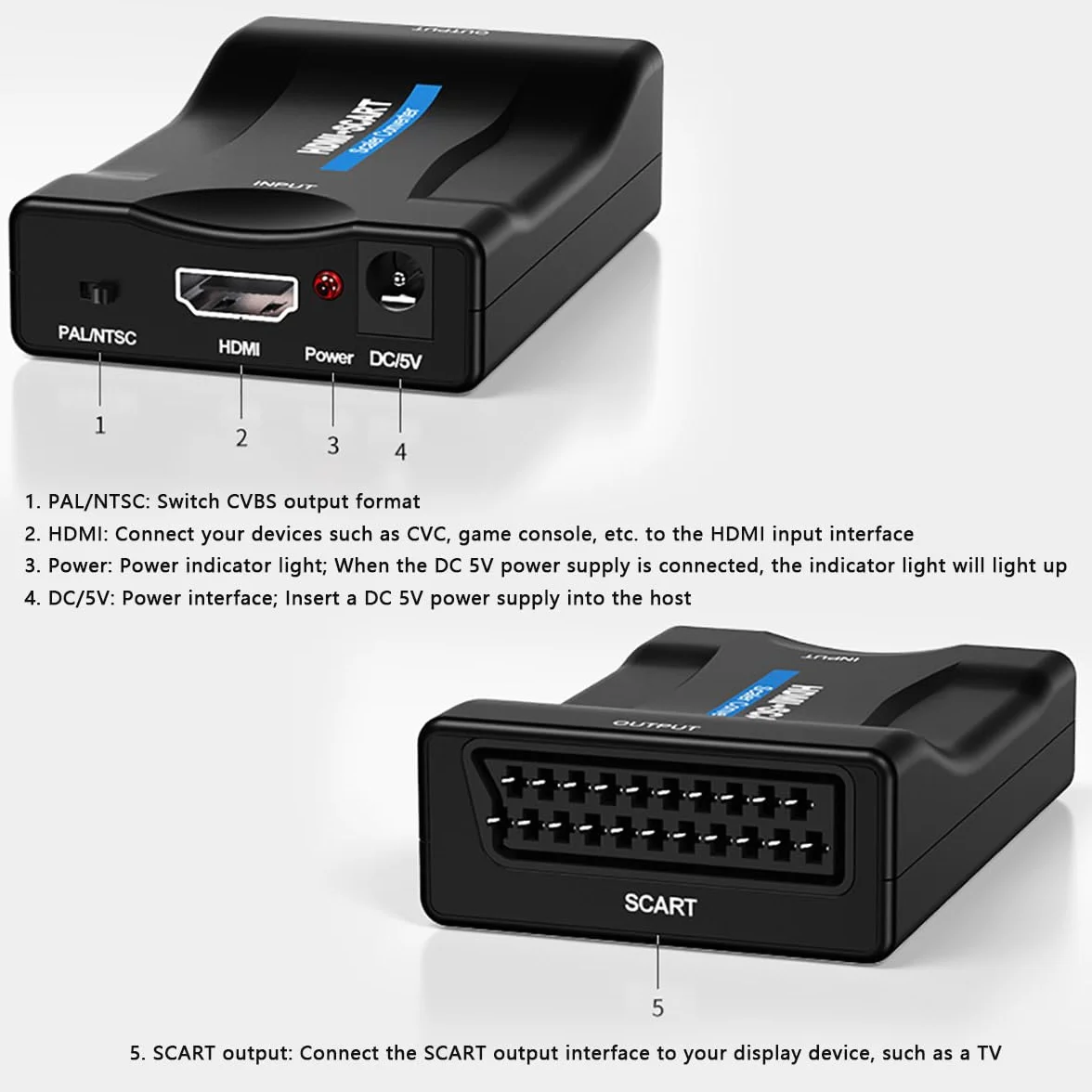 Convertidor HDMI a SCART Adaptador de Salida Euroconector y Entrada HDMI, para SKY HD Blu-Ray Lettore HDTV STB VHS Xbox PS4 DVD PC CR