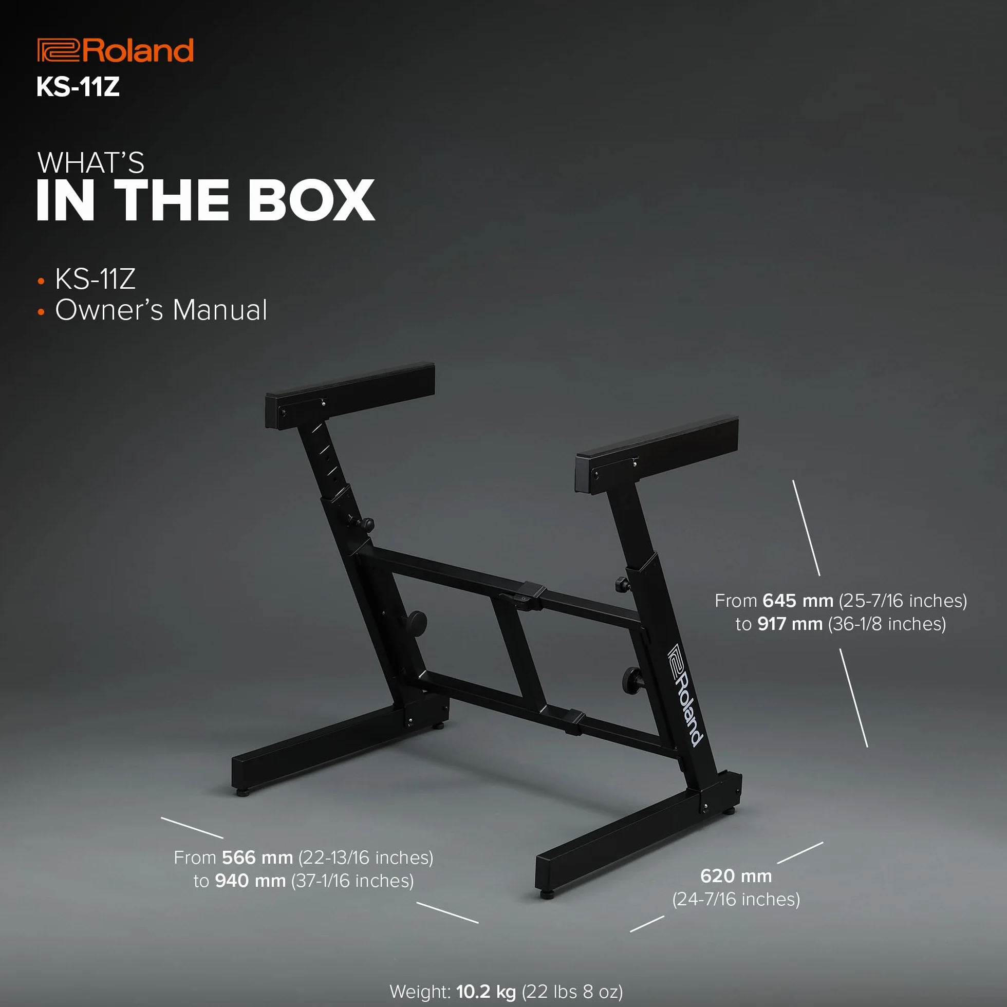 Soporte para teclado Roland KS-11Z | Soporte en Z de alto rendimiento con amplio rango de ajuste para pianos de escenario de 88 teclas y otros teclados | Brazos acolchados plegables