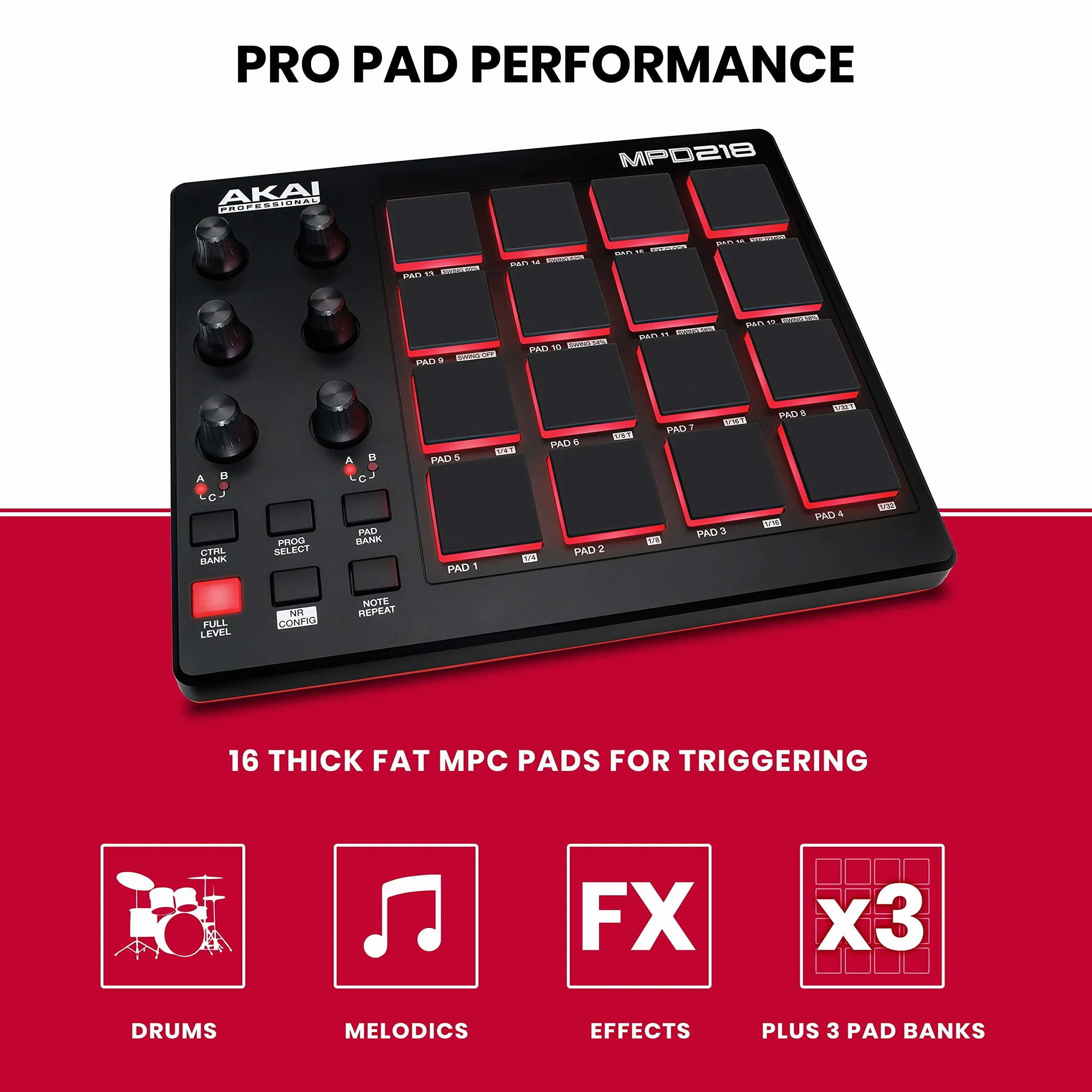 Akai Professional MPD218 - Controlador de Pads MIDI USB con 16 Pads MPC y 6 Knobs Asignables para DAW, Botones Note Repeat y Full Level, y Software de Producción