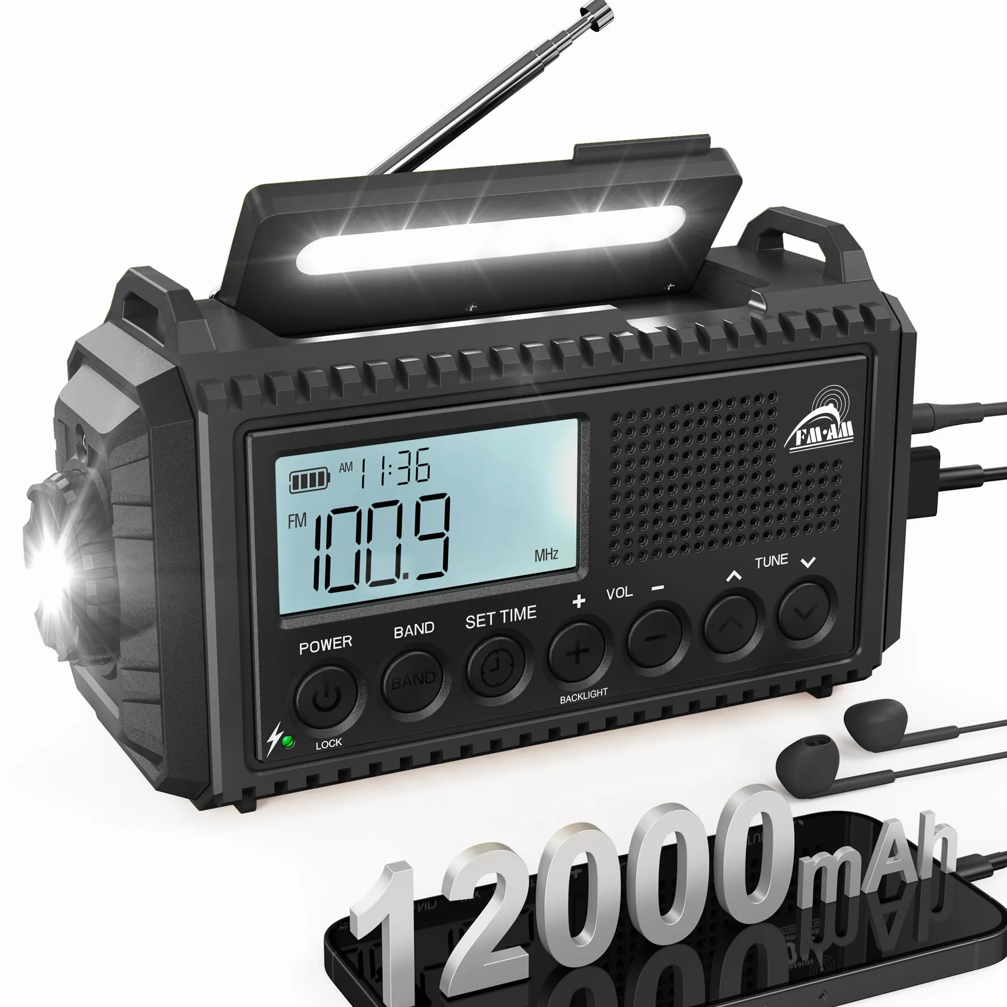 Radio de Emergencia Solar de Mano con Am/FM, Radio portátil alimentada por baterías de 12000mAh, Radio de transistores de Cuerda con Cargador de teléfono, Alarma SOS, Linterna de Supervivencia
