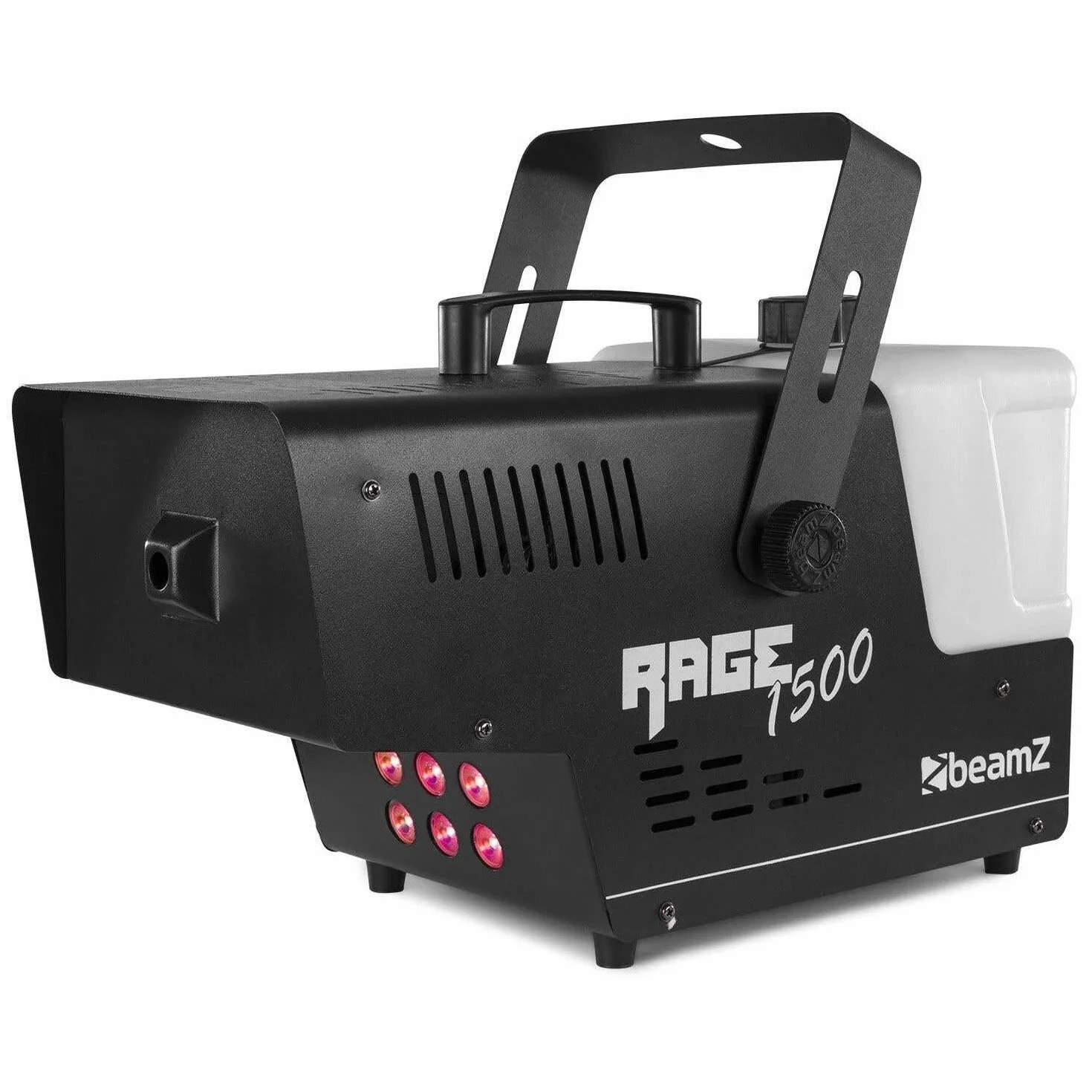 Beamz Rage 1500LED, Máquina de Humo con 6 Leds RGB de 9W, Control Remoto Inalámbrico, 350 m³/min de Humo, Tiempo de Calentamiento 4 min, Ideal Discoteca, Liquido Máquina de Humo, Fiestas, Halloween