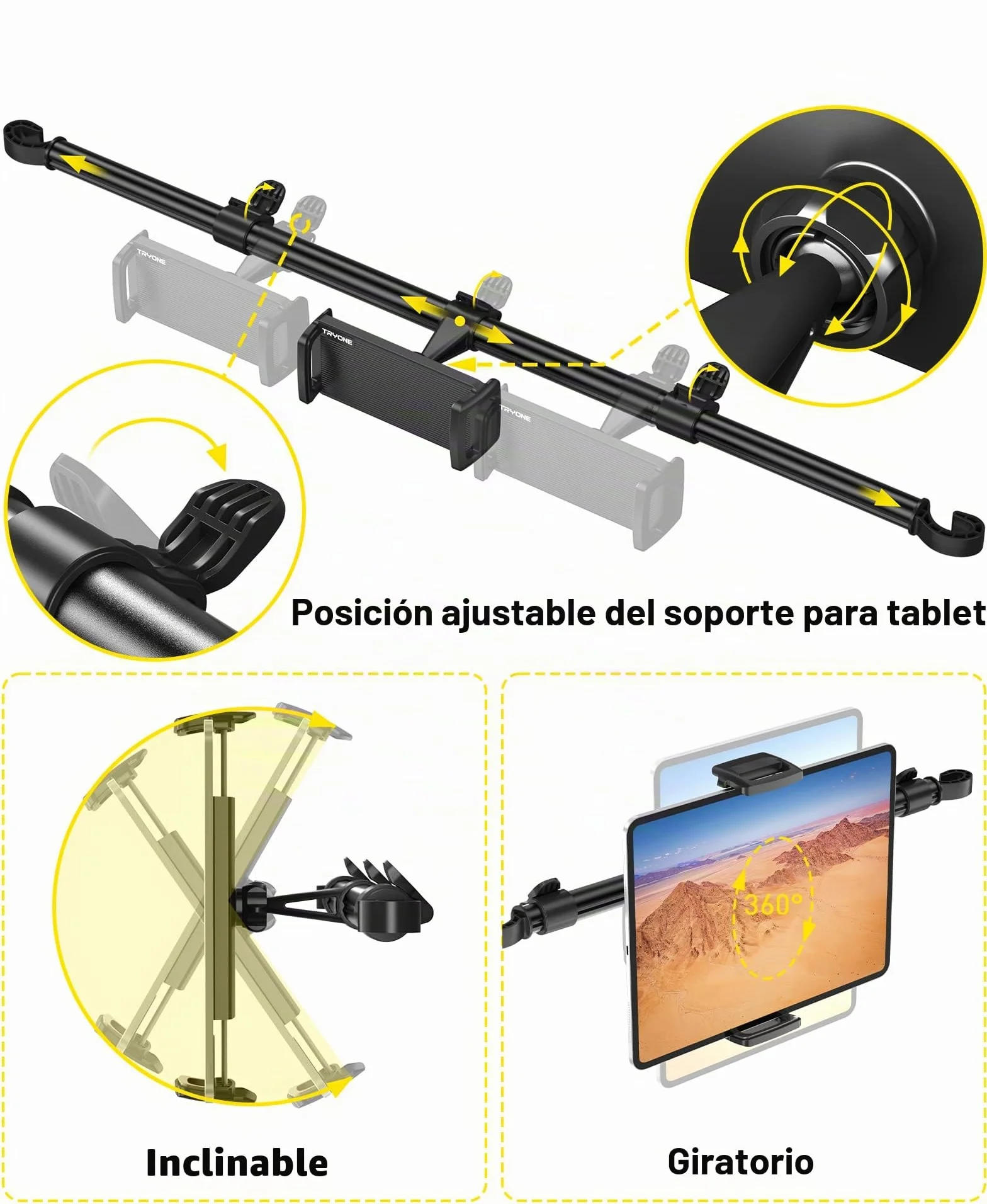 Soporte Tablet Coche Central, Tryone Soporte Universal Ajustable para Tableta automóvil iPad Series/Samsung Galaxy Tabs/Switch Phones, etc. Dispositivos de 4.7-12.9 Pulgadas/con 2 Ganchos