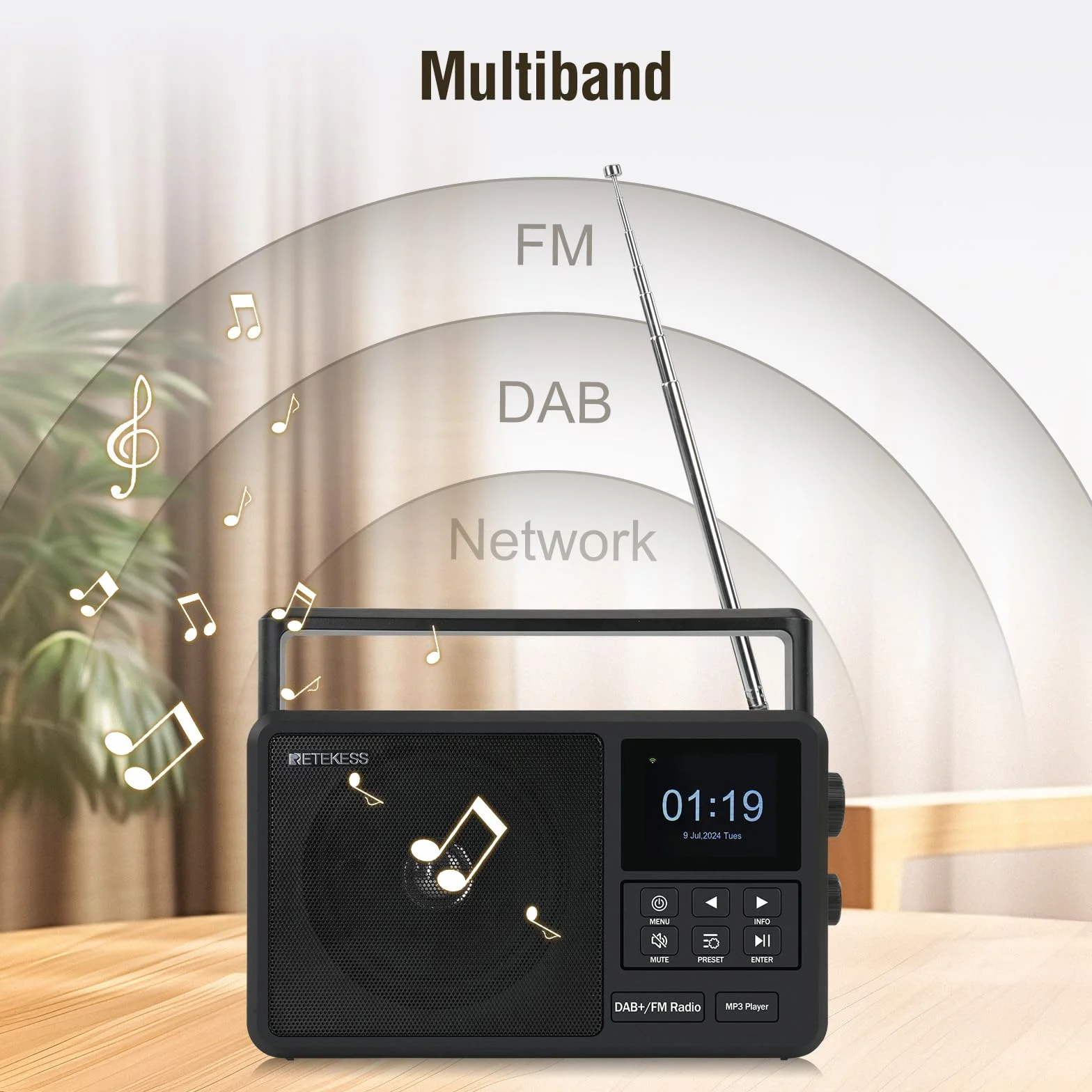 Retekess TR640 Radio por Internet,Radio Digital Dab,Digital FM,Apta para Entusiastas,Silencio con un Solo Toque,Antena Externa,Operación de la Perilla,Personas de Mediana Edad