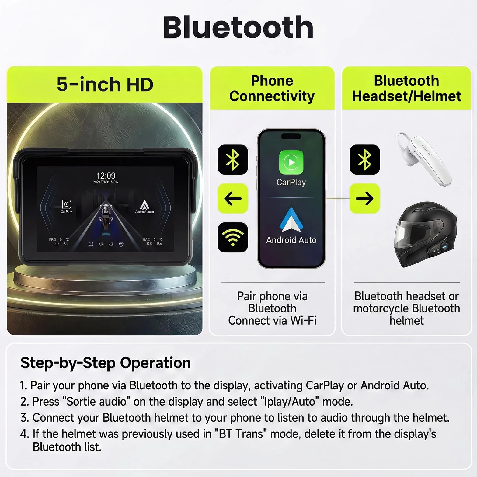 Rimoody Navegador Moto 5 Pulgadas con CarPlay y Android Auto Inalámbrico - GPS para Moto Impermeable IP68, Pantalla Táctil 5'', Montaje Universal, Detección de Presión de Neumáticos 12 V
