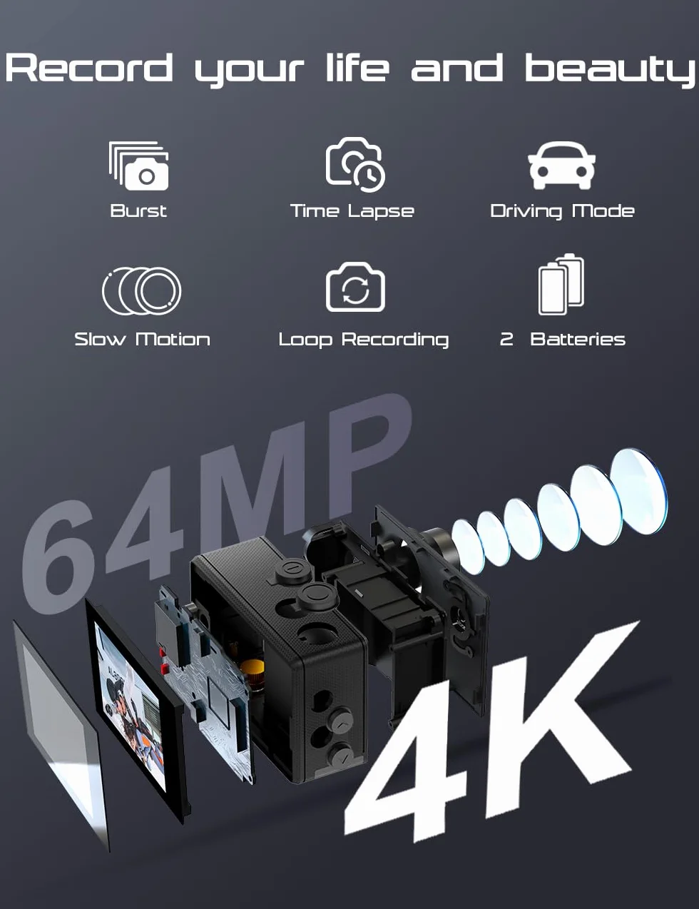 Apexcam Cámara Deportiva 4K WiFi Impermeable 40M Action Camera con Tarjeta 64GB y 2 Baterías 1350mAh