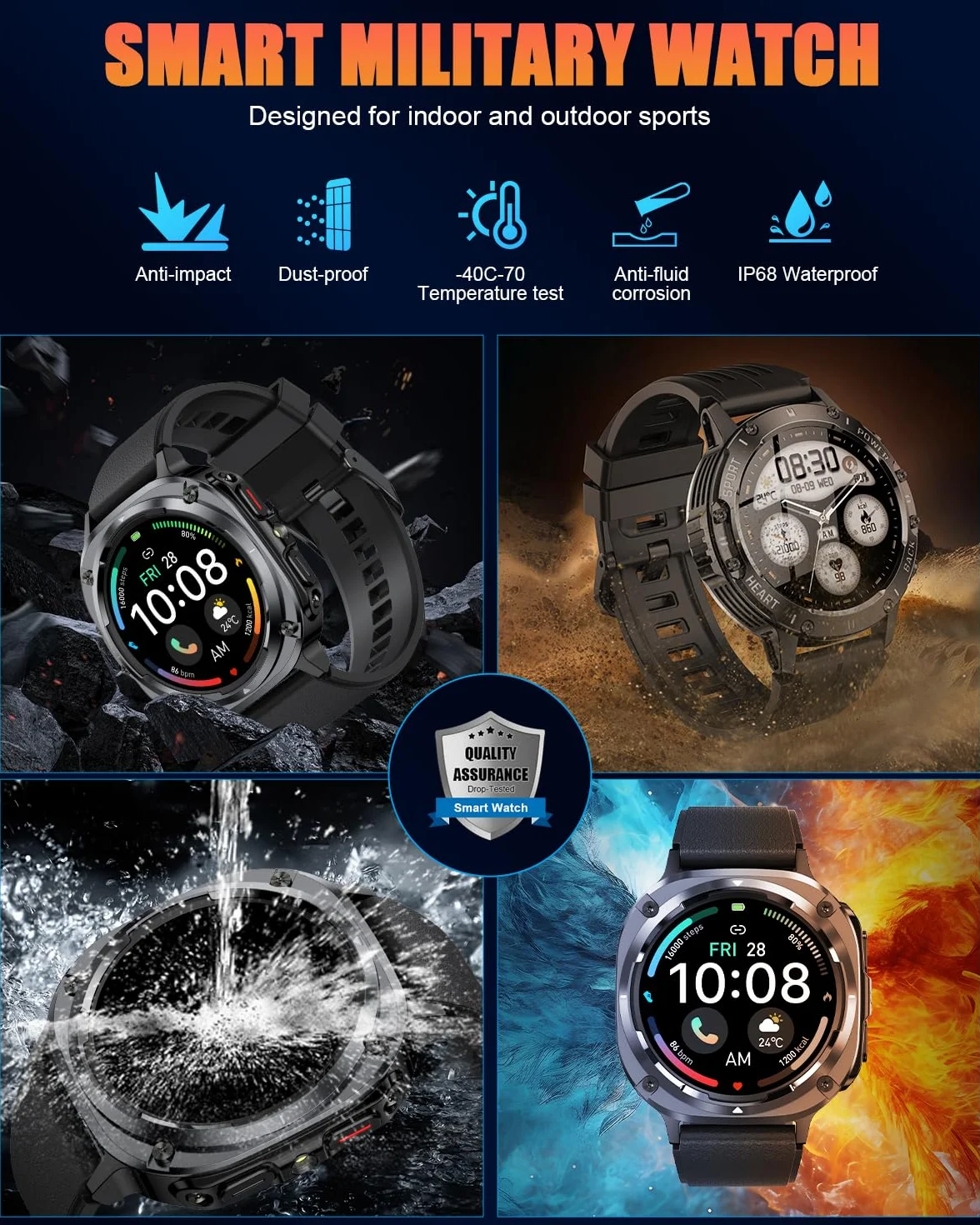 Reloj Inteligente Hombre Militar, 1.45" HD Smartwatch Hombre con Llamadas BT 5.4, 114+ Modos Deportivos, Monitor de Sueño/Podómetro/Pulsómetro, IP68 Impermeable Pulsera Actividad para Android iOS
