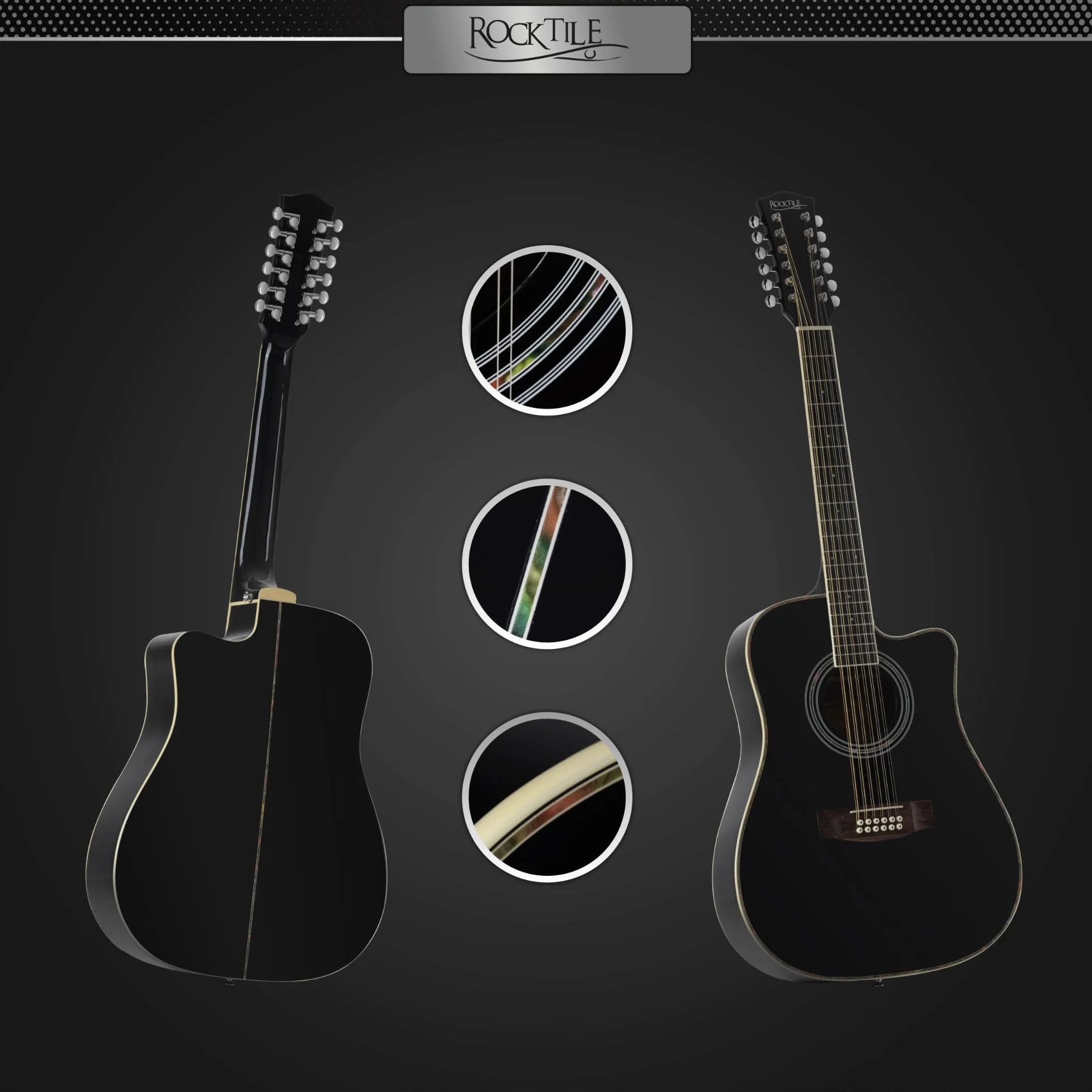Rocktile WSD12-50C-BK Guitarra Western - Dreadnought De 12 Cuerdas Con Cutaway - Tapa De Abeto Y Cuerpo De Caoba - Diapasón De Palisandro - Acabado Gloss - Negro