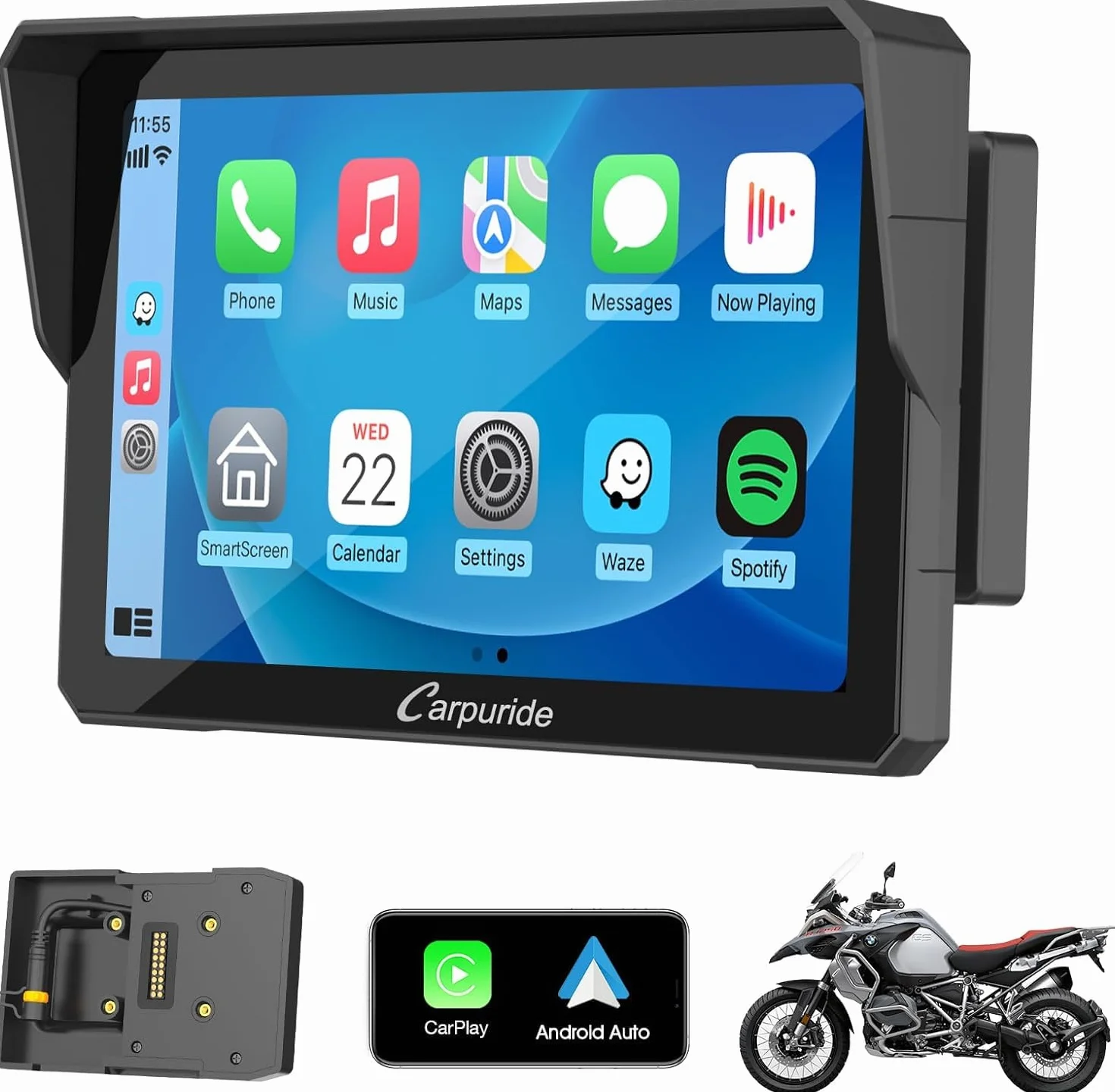Carpuride W702B - Pantalla GPS Carplay para Motocicleta con Soporte Personalizado para BMW Motorbike, Inalámbrico CarPlay y Android Auto, Portátil 7 Pulgadas Impermeable Táctil Pantalla, Bluetooth